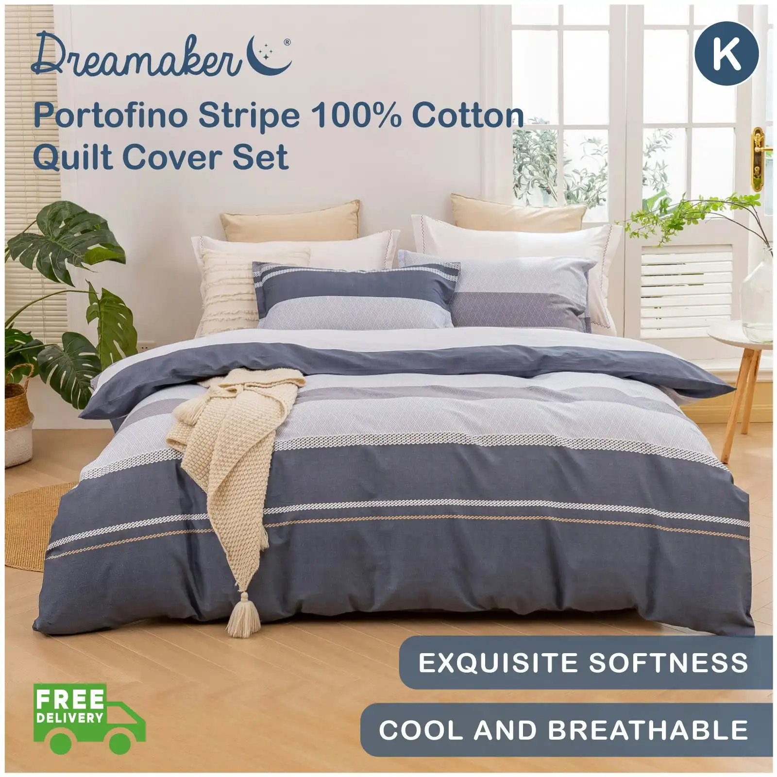 Dreamaker Portofino Stripe 100% Cotton Quilt Cover Set Blue King Bed