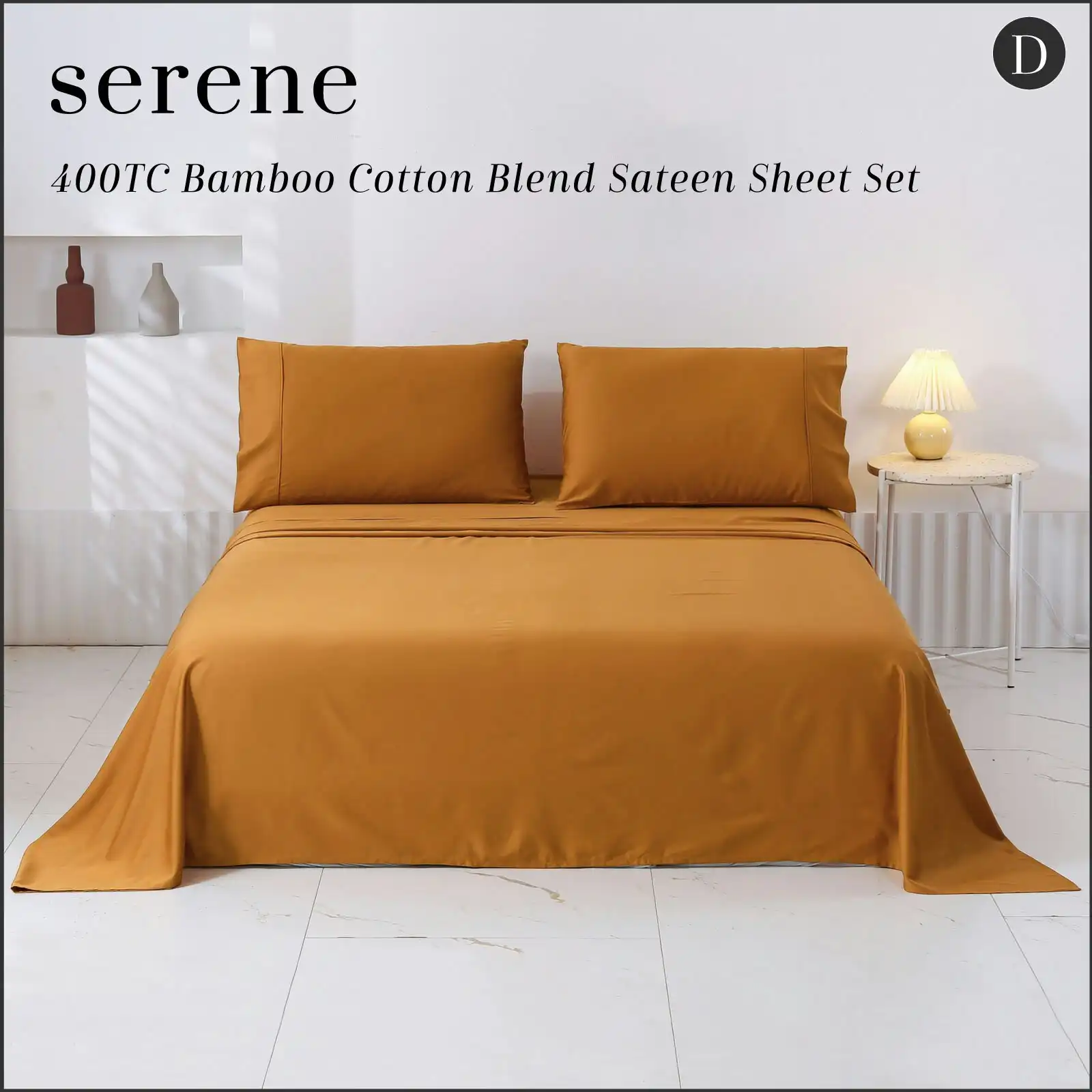 Serene 400TC Bamboo Cotton Blend Sateen Sheet Set RUST Double Bed