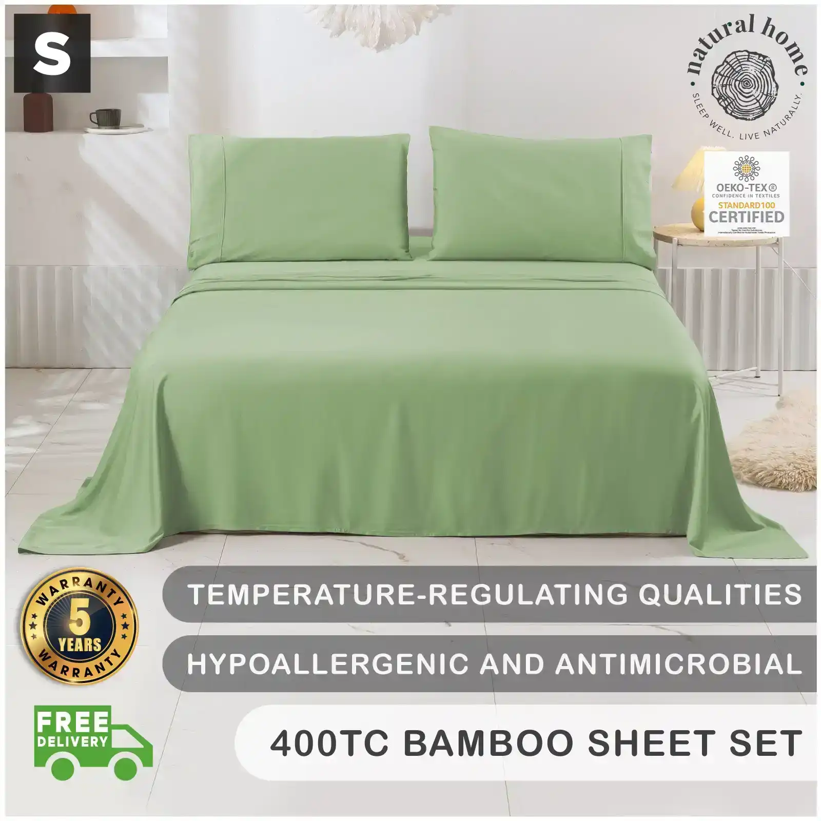 Natural Home Bamboo Sheet Set Sage Single Bed