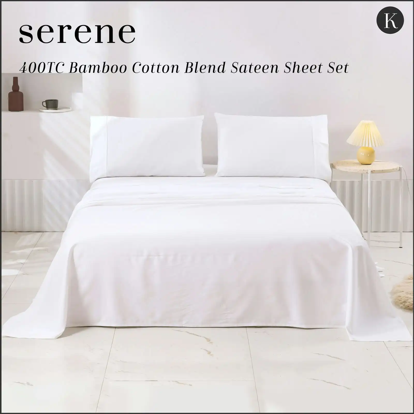 Serene 400TC Bamboo Cotton Blend Sateen Sheet Set WHITE King Bed