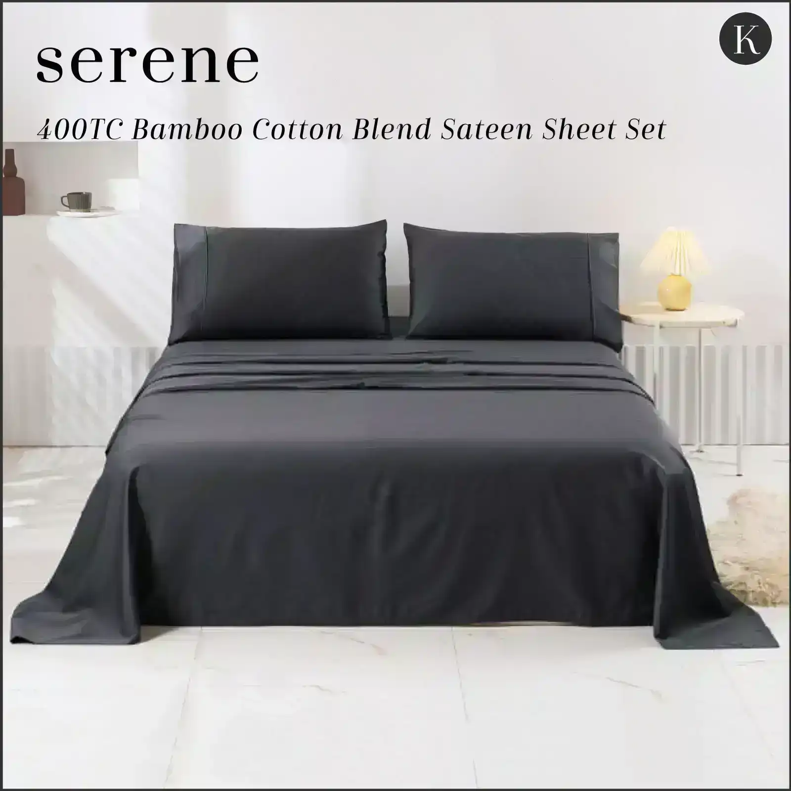 Serene 400TC Bamboo Cotton Blend Sateen Sheet Set CHARCOAL King Bed