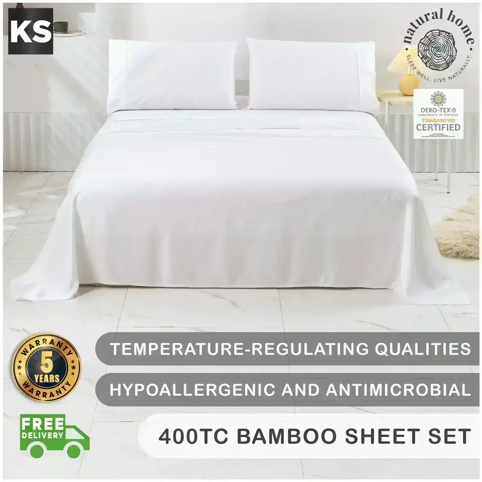 Natural Home Bamboo Sheet Set White King Single Bed