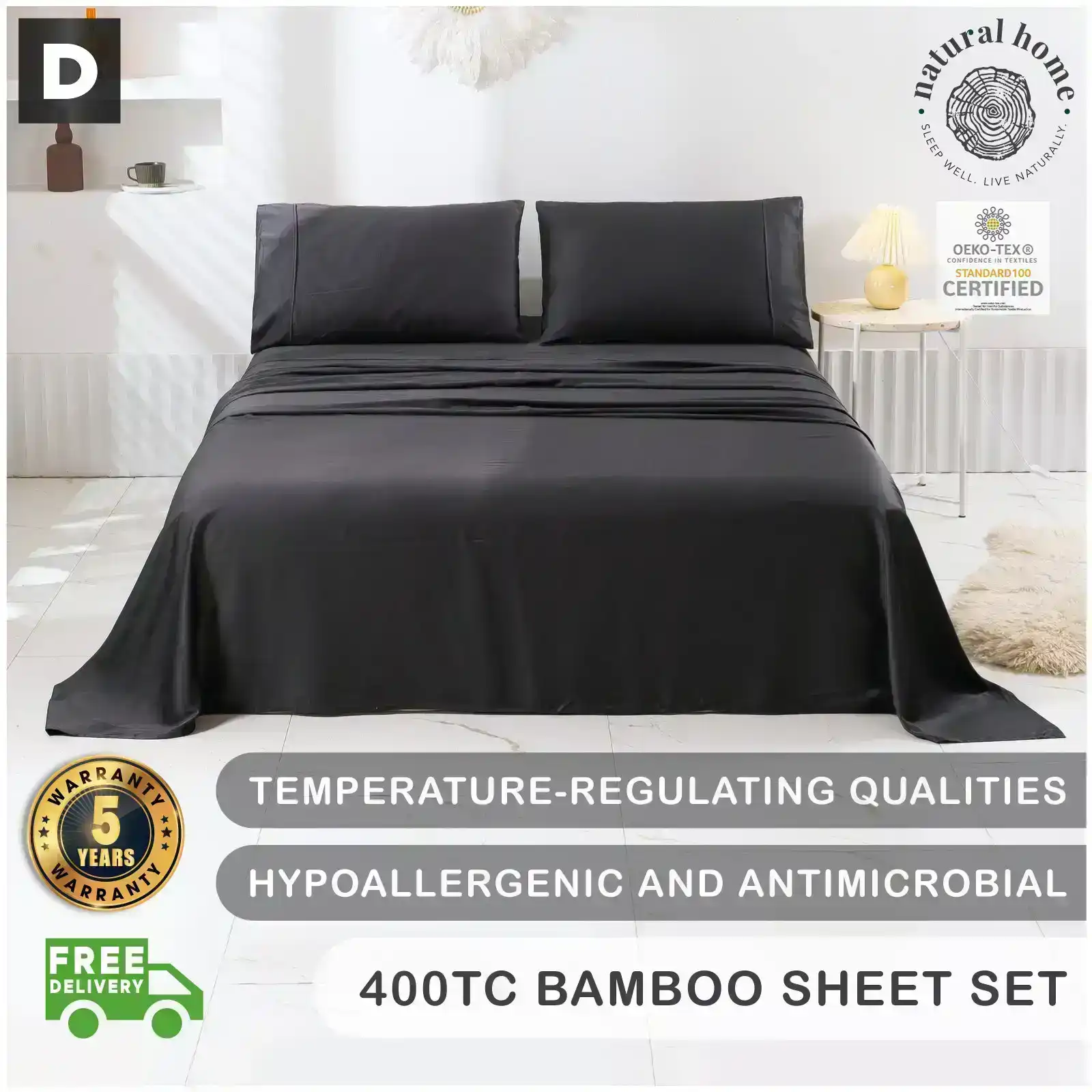 Natural Home Bamboo Sheet Set Charcoal Double Bed