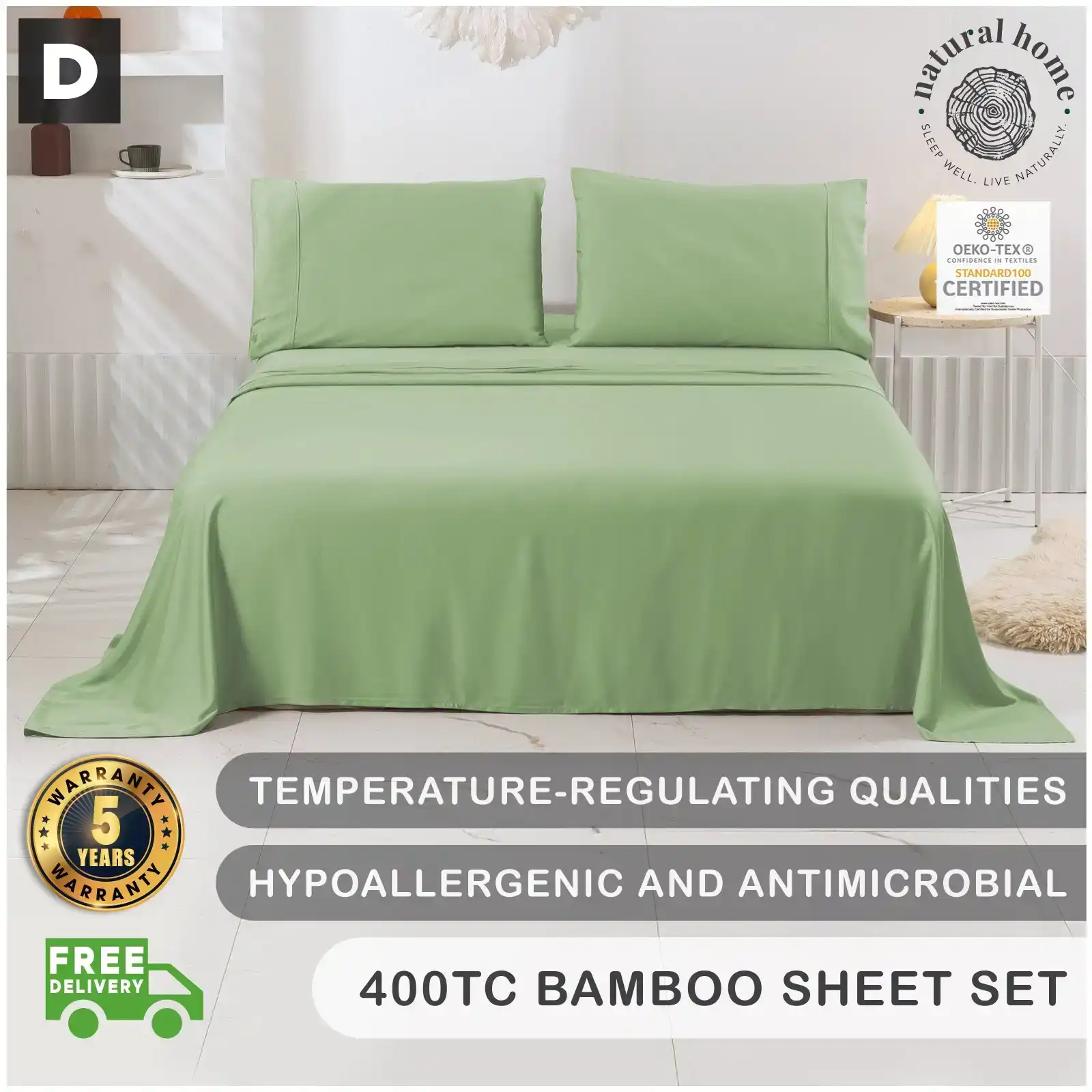 Natural Home Bamboo Sheet Set Sage Double Bed