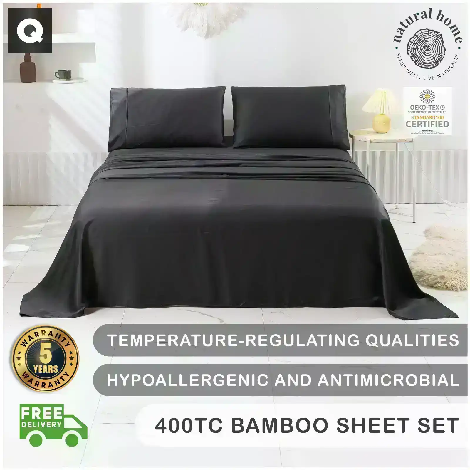 Natural Home Bamboo Sheet Set Charcoal Queen Bed