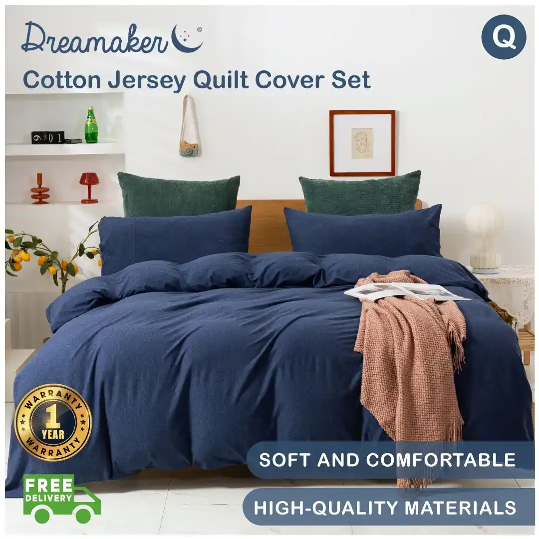 Dreamaker Cotton Jersey Quilt Cover Set Washed Navy Queen Bed