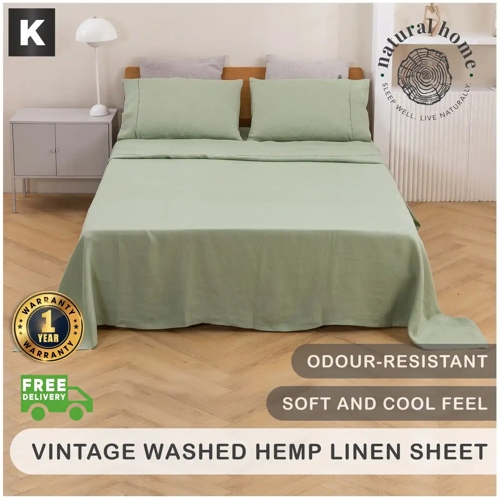 Natural Home Vintage Washed Hemp Linen Sheet Set Sage King Bed