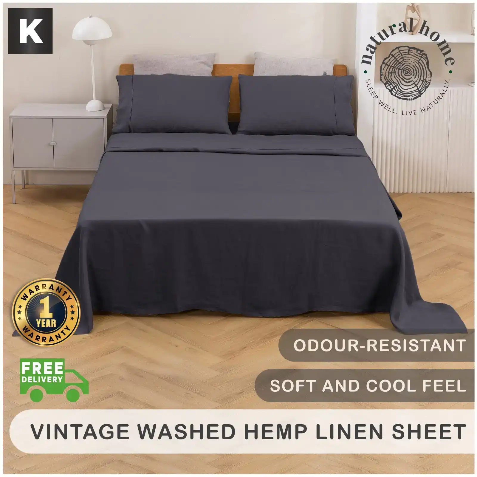 Natural Home Vintage Washed Hemp Linen Sheet Set Charcoal King Bed