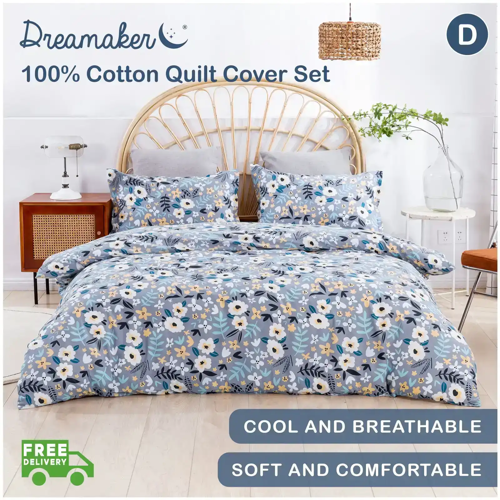 Dreamaker Alice Grey 100% Cotton Quilt Cover Set Double Bed