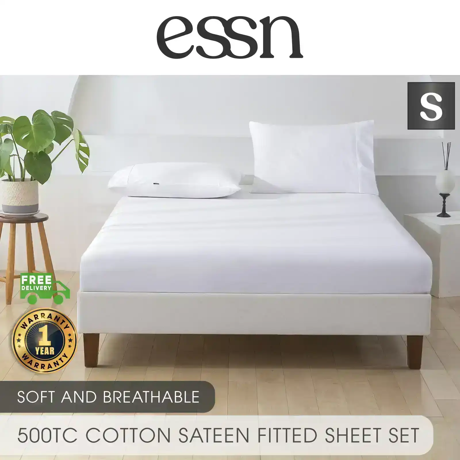 ESSN 500TC Cotton Sateen Fitted Sheet Set White Single Bed
