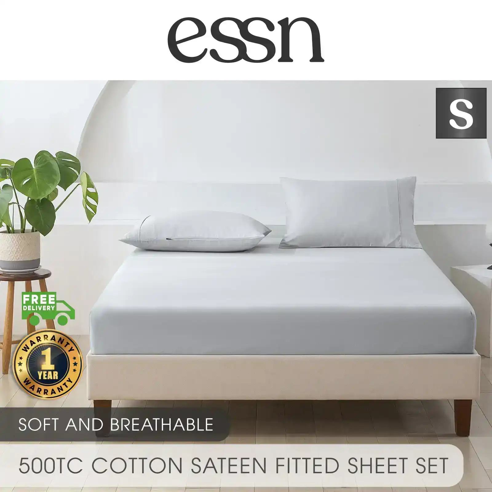 ESSN 500TC Cotton Sateen Fitted Sheet Set Silver  Single Bed