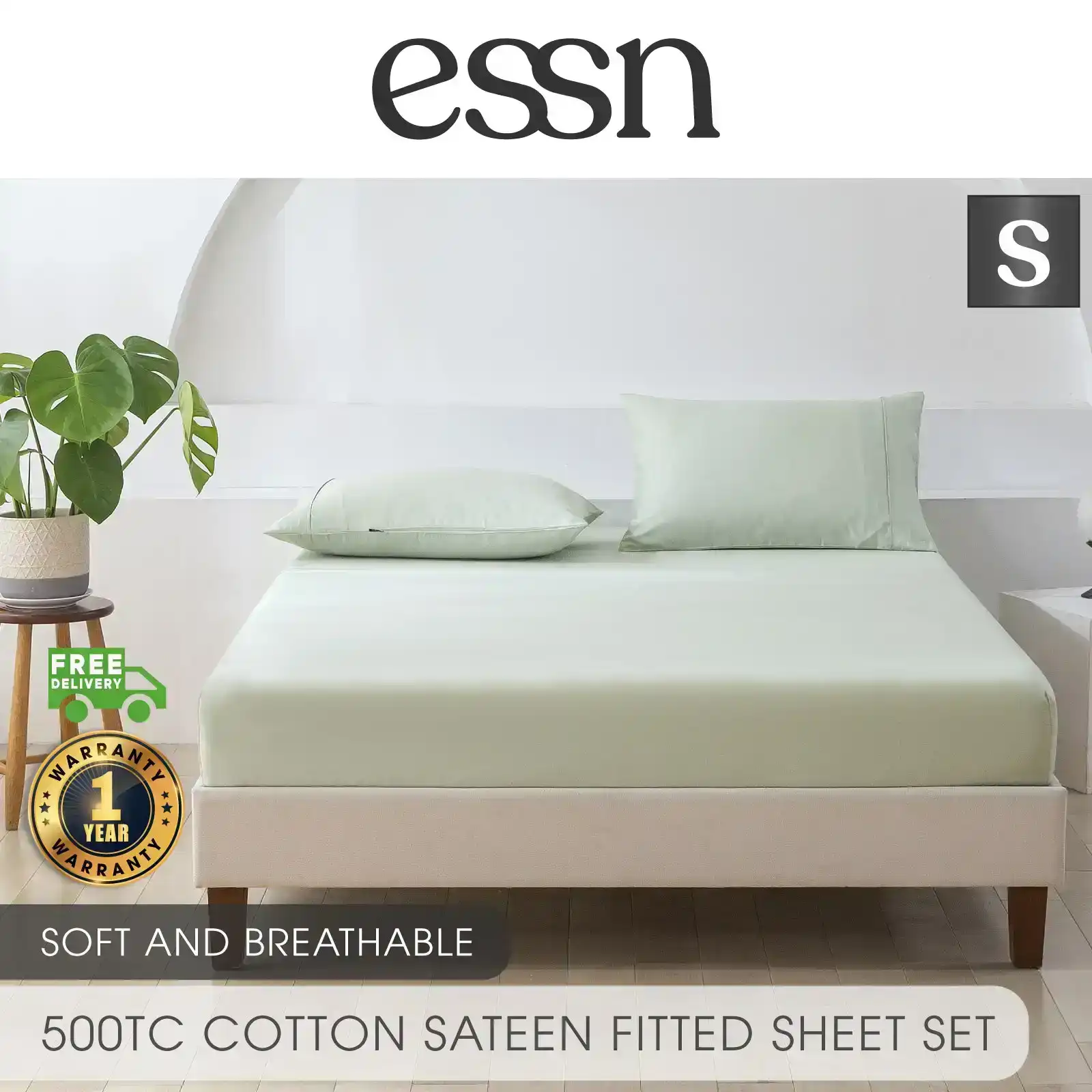 ESSN 500TC Cotton Sateen Fitted Sheet Set Sage Single Bed