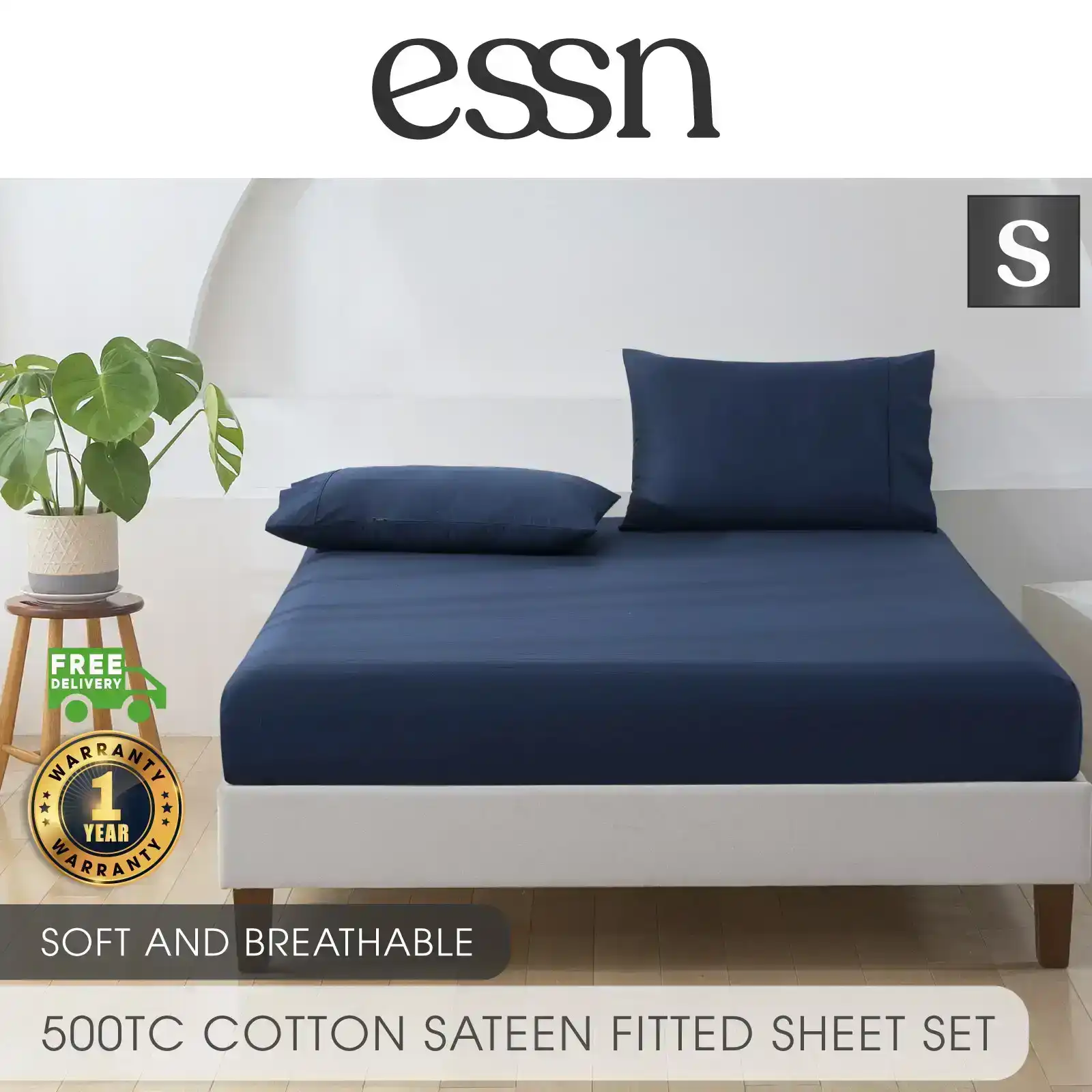 ESSN 500TC Cotton Sateen Fitted Sheet Set Navy Single Bed