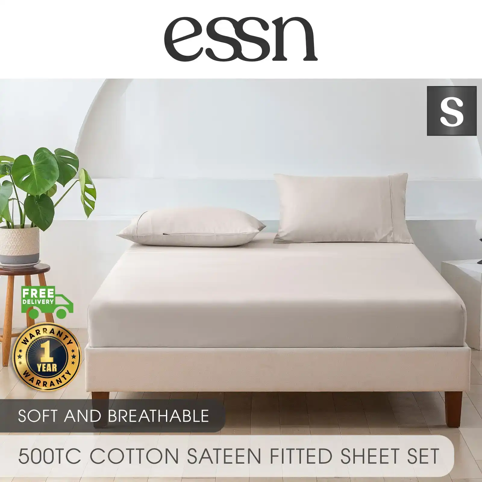 ESSN 500TC Cotton Sateen Fitted Sheet Set Stone Single Bed
