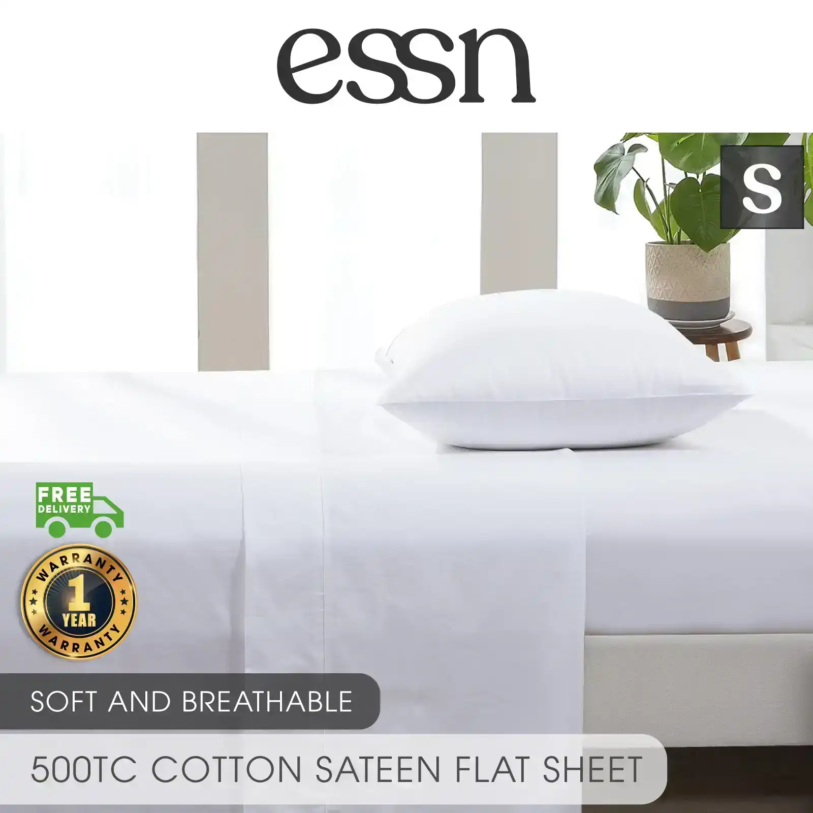 ESSN 500TC Cotton Sateen Flat Sheet White Single Bed