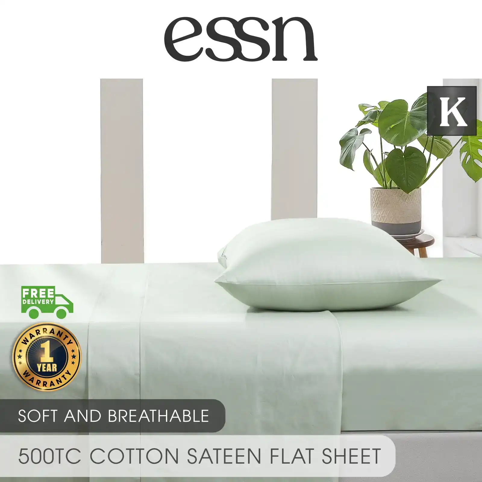 ESSN 500TC Cotton Sateen Flat Sheet Sage Single Bed