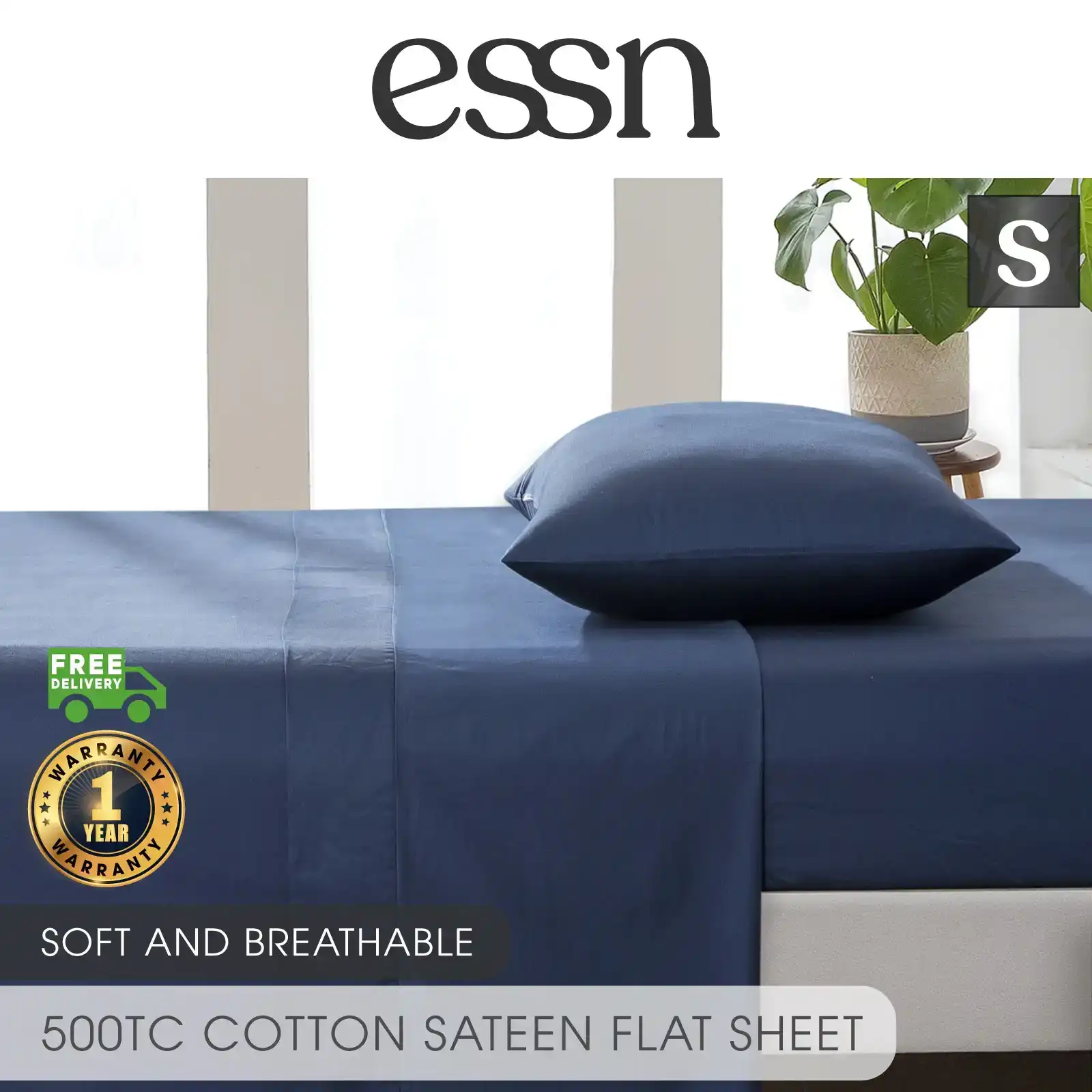 ESSN 500TC Cotton Sateen Flat Sheet Navy Single Bed