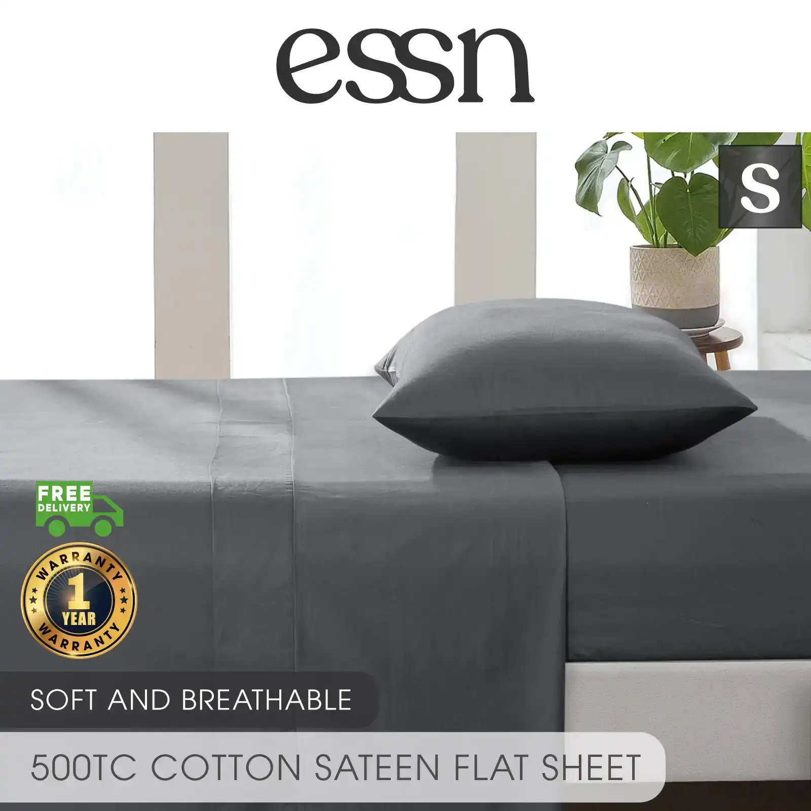 ESSN 500TC Cotton Sateen Flat Sheet Charcoal Single Bed