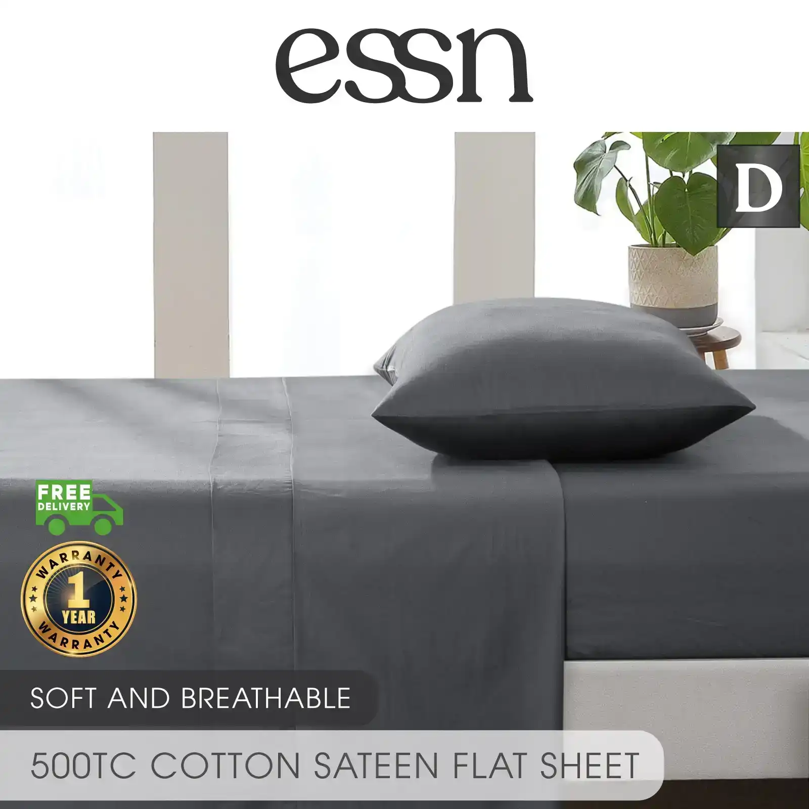 ESSN 500TC Cotton Sateen Flat Sheet Charcoal Double Bed