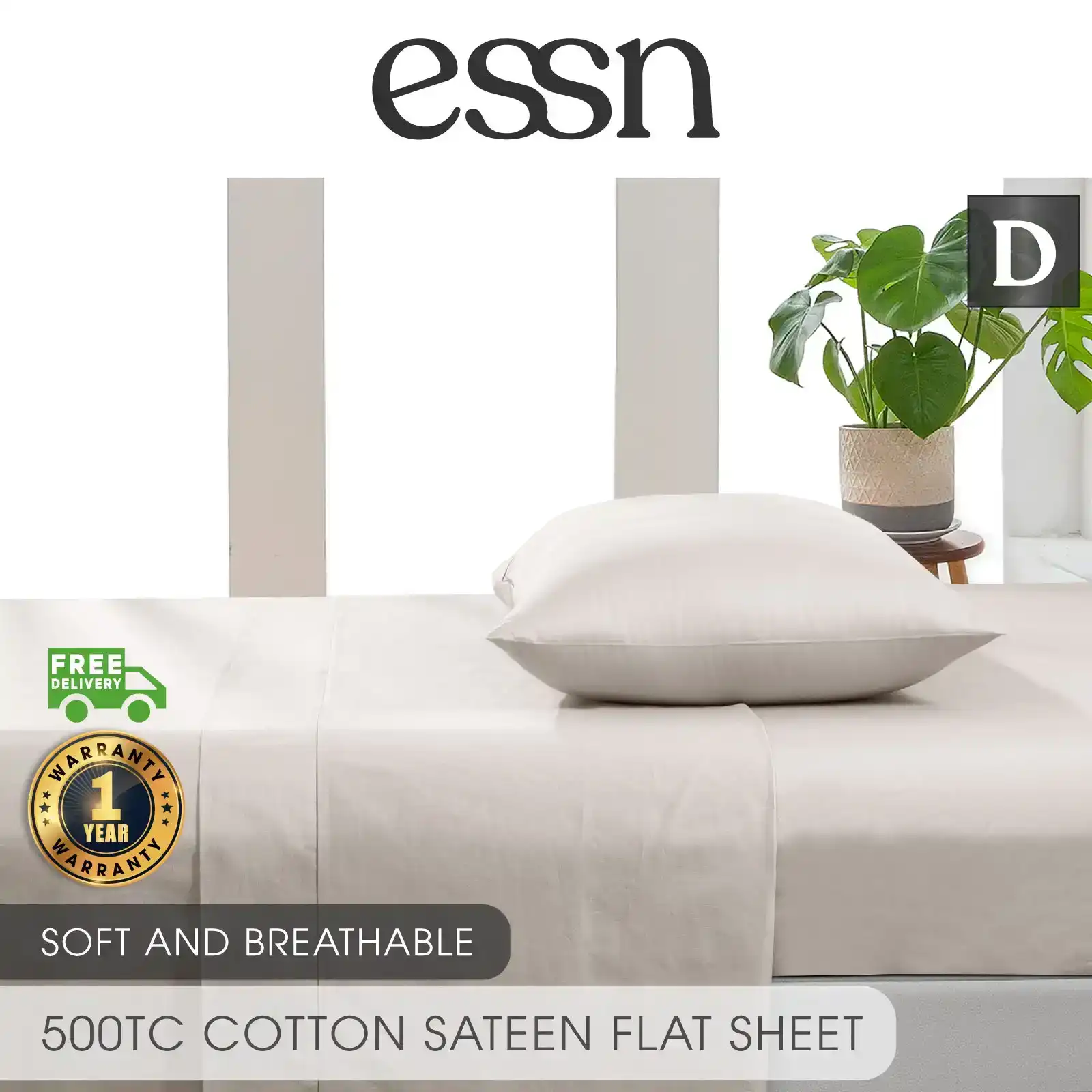 ESSN 500TC Cotton Sateen Flat Sheet Stone Double Bed