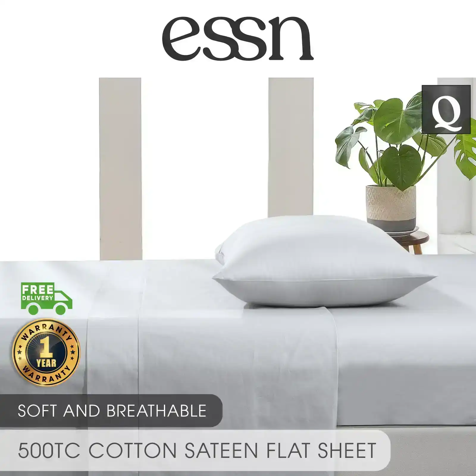 ESSN 500TC Cotton Sateen Flat Sheet Silver Queen Bed