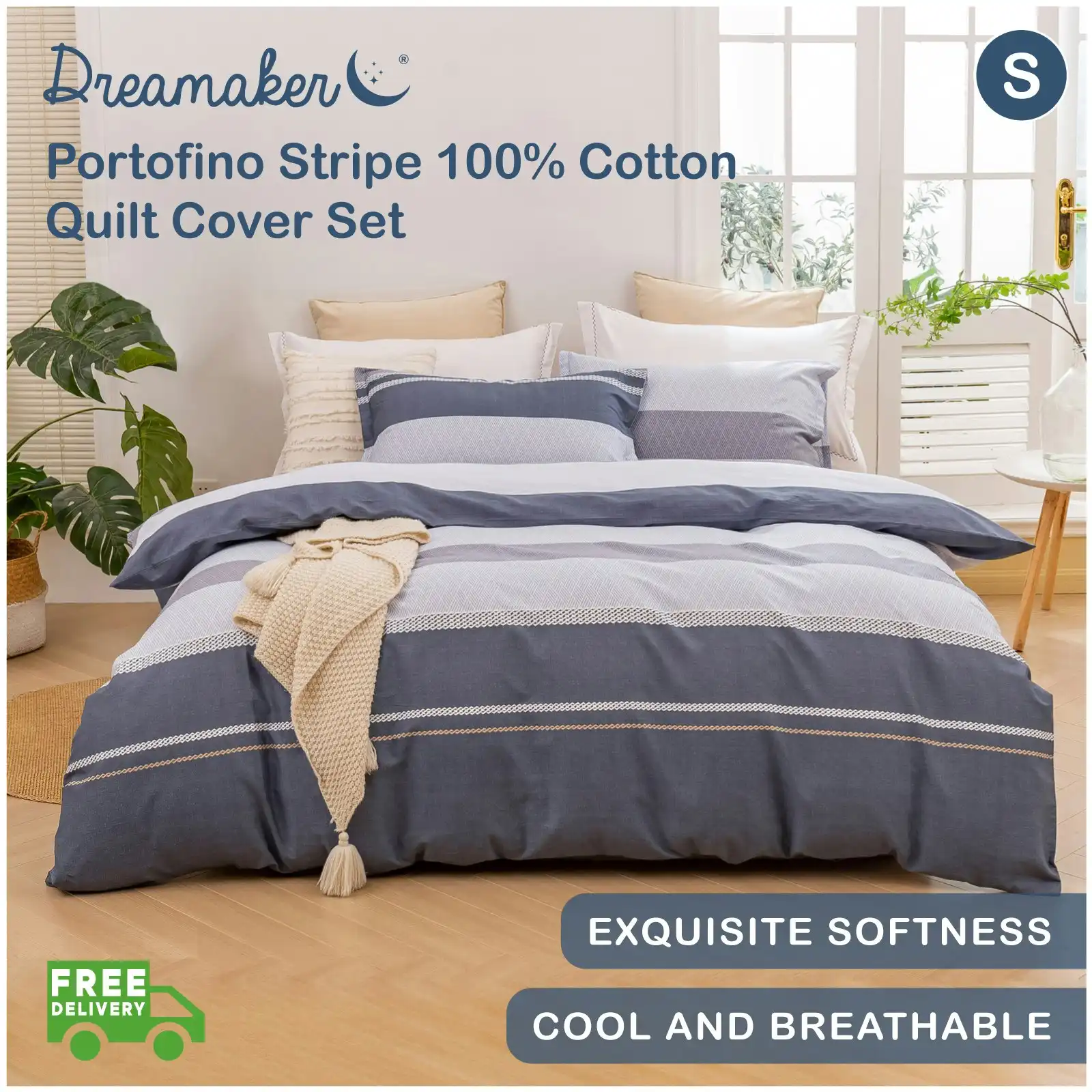 Dreamaker Portofino Stripe 100% Cotton Quilt Cover Set Blue Single Bed
