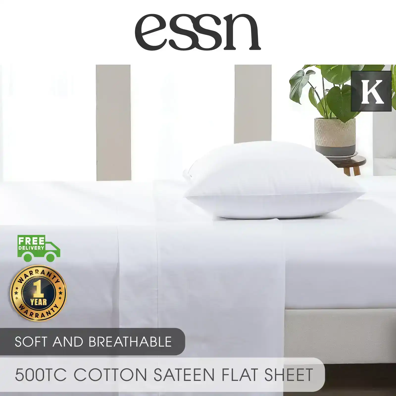 ESSN 500TC Cotton Sateen Flat Sheet White King Bed
