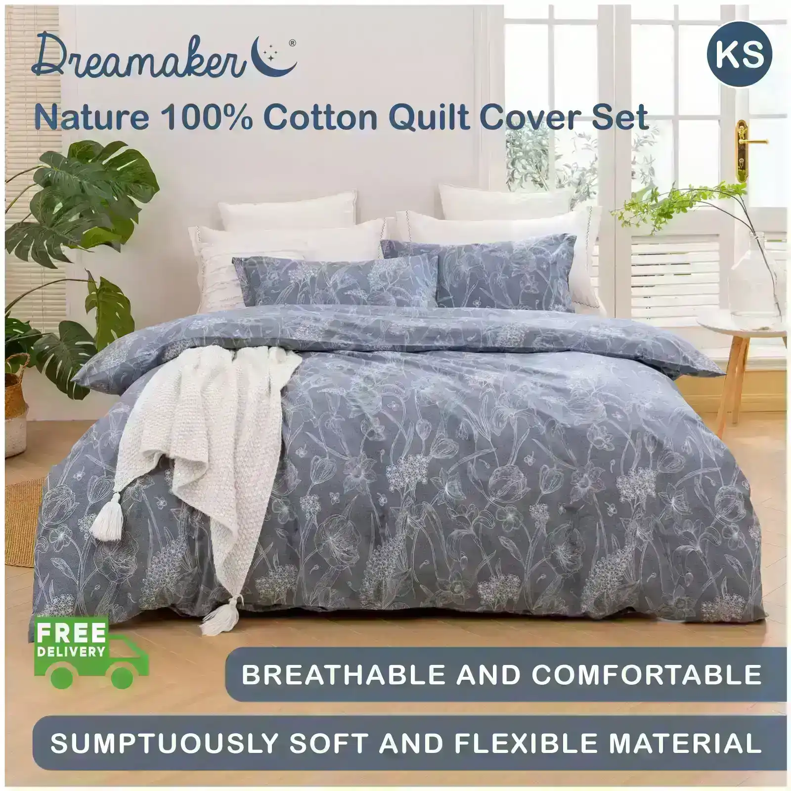 Dreamaker Nature 100% Cotton Quilt Cover Set Grey King Single Bed