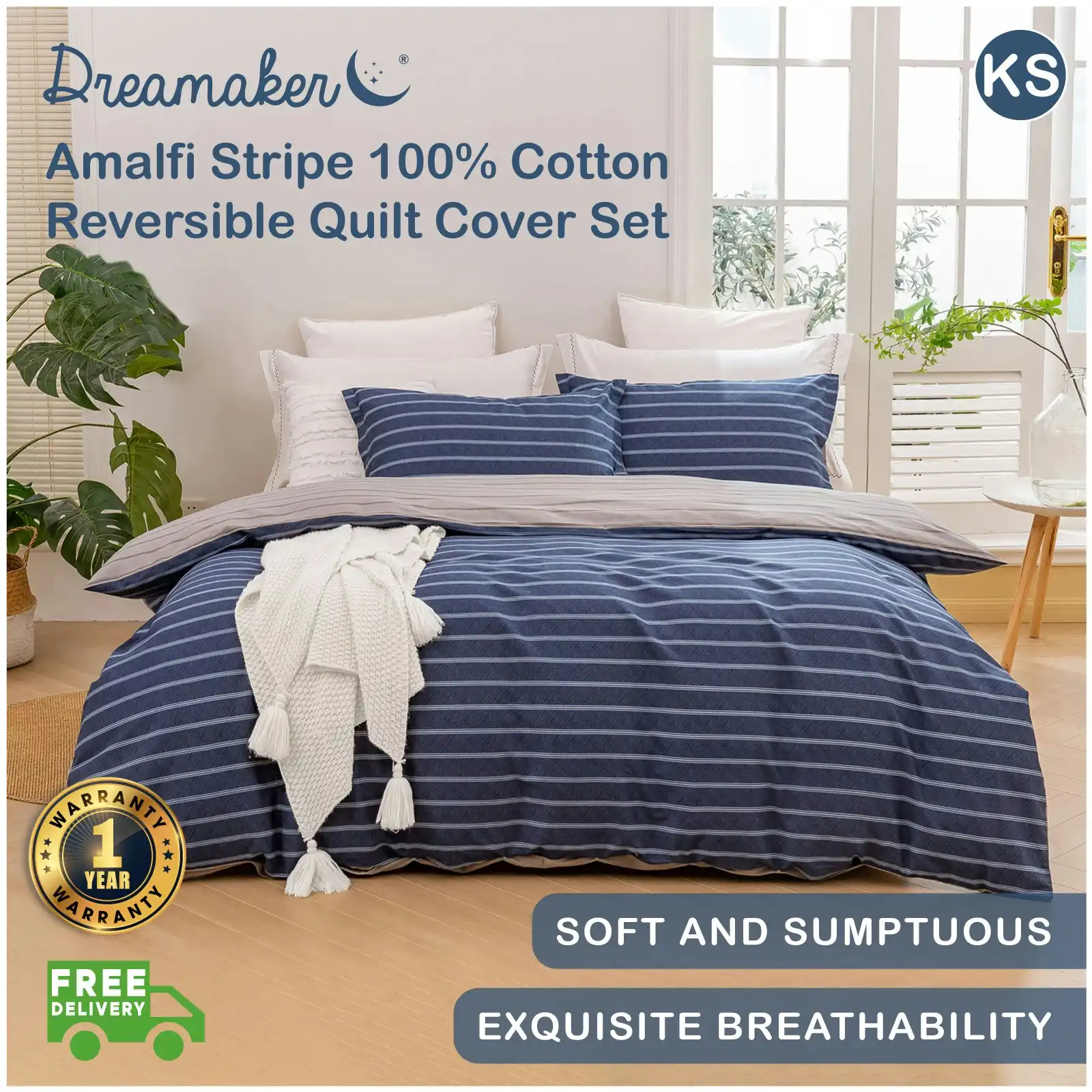 Dreamaker Amalfi Stripe 100% Cotton Reversible Quilt Cover Set Blue King Single Bed