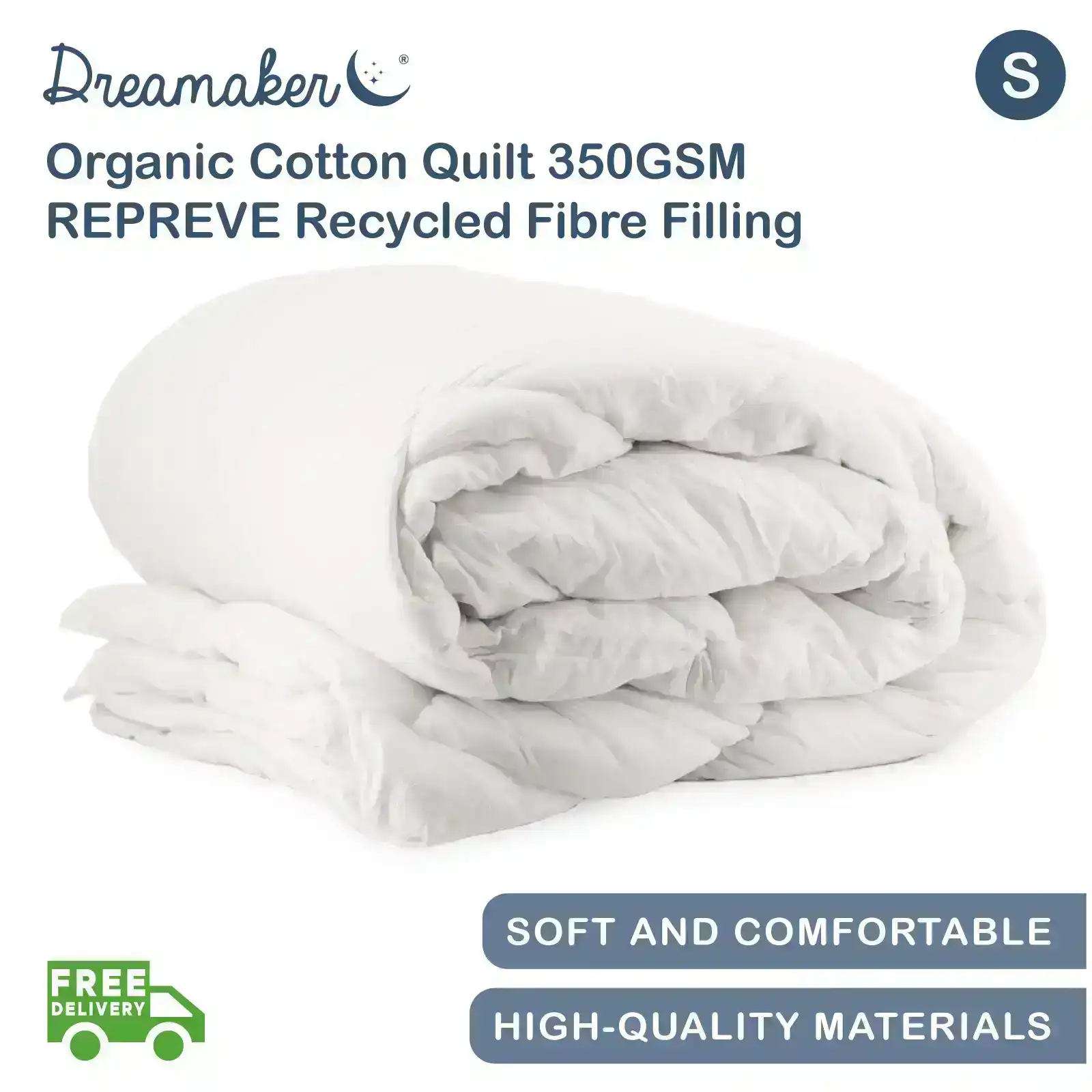 Dreamaker Organic Cotton Quilt 350GSM REPREVE Recycled Fibre Filling Breathable Eco-Friendly Single Bed