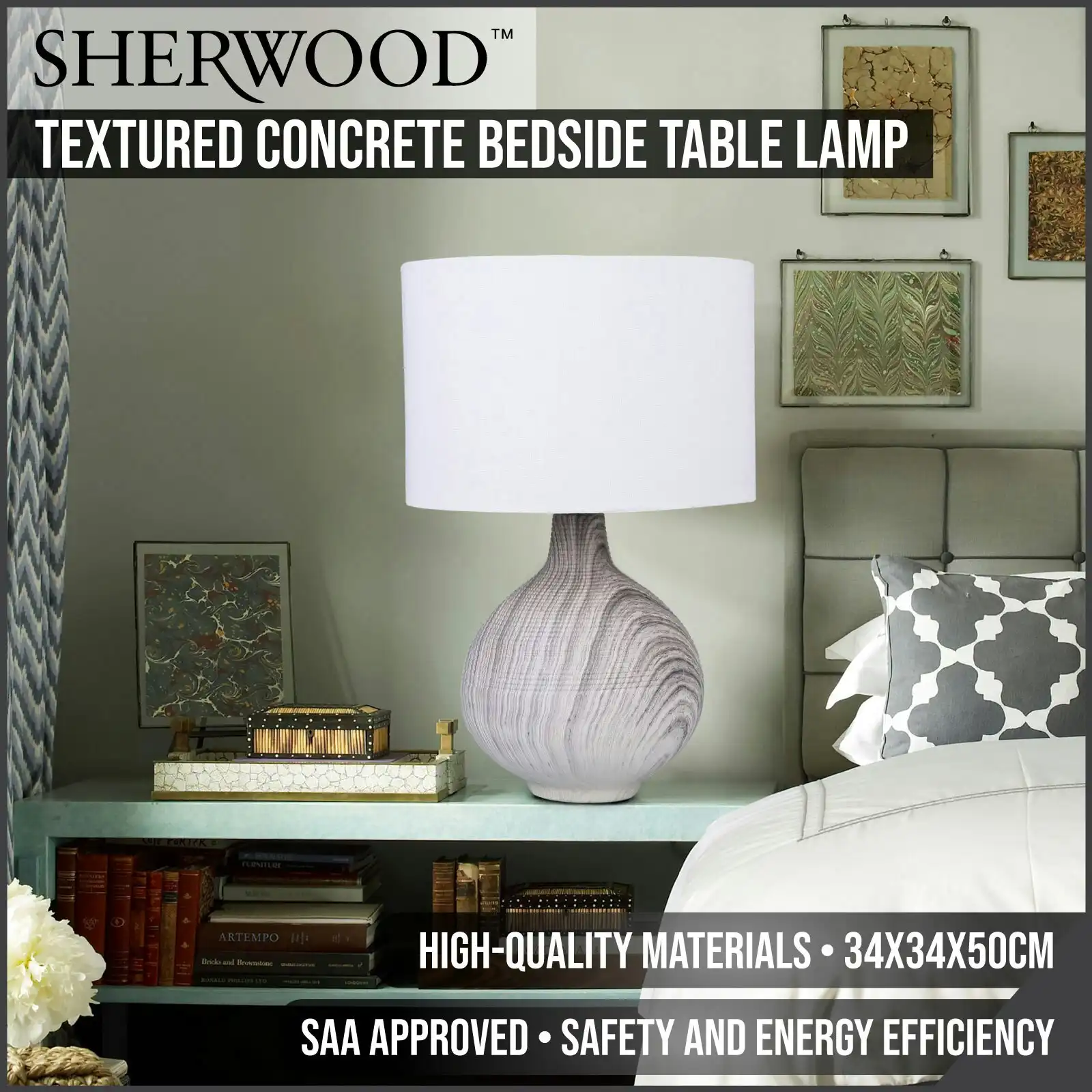 Sherwood Lighting Textured Concrete Bedside Table Lamp White Shade