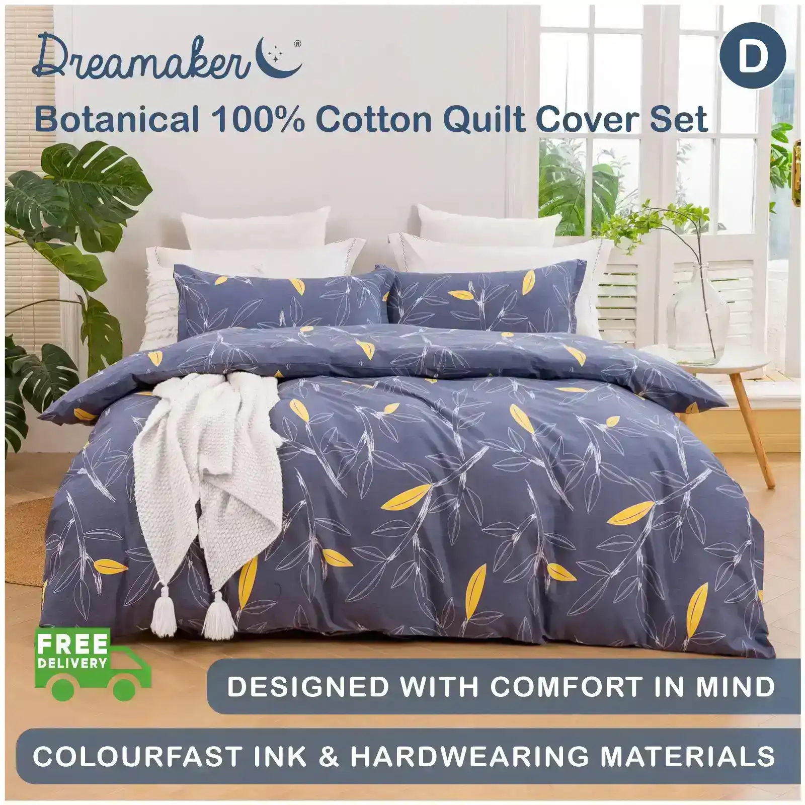 Dreamaker Botanical 100% Cotton Quilt Cover Set Grey Double Bed