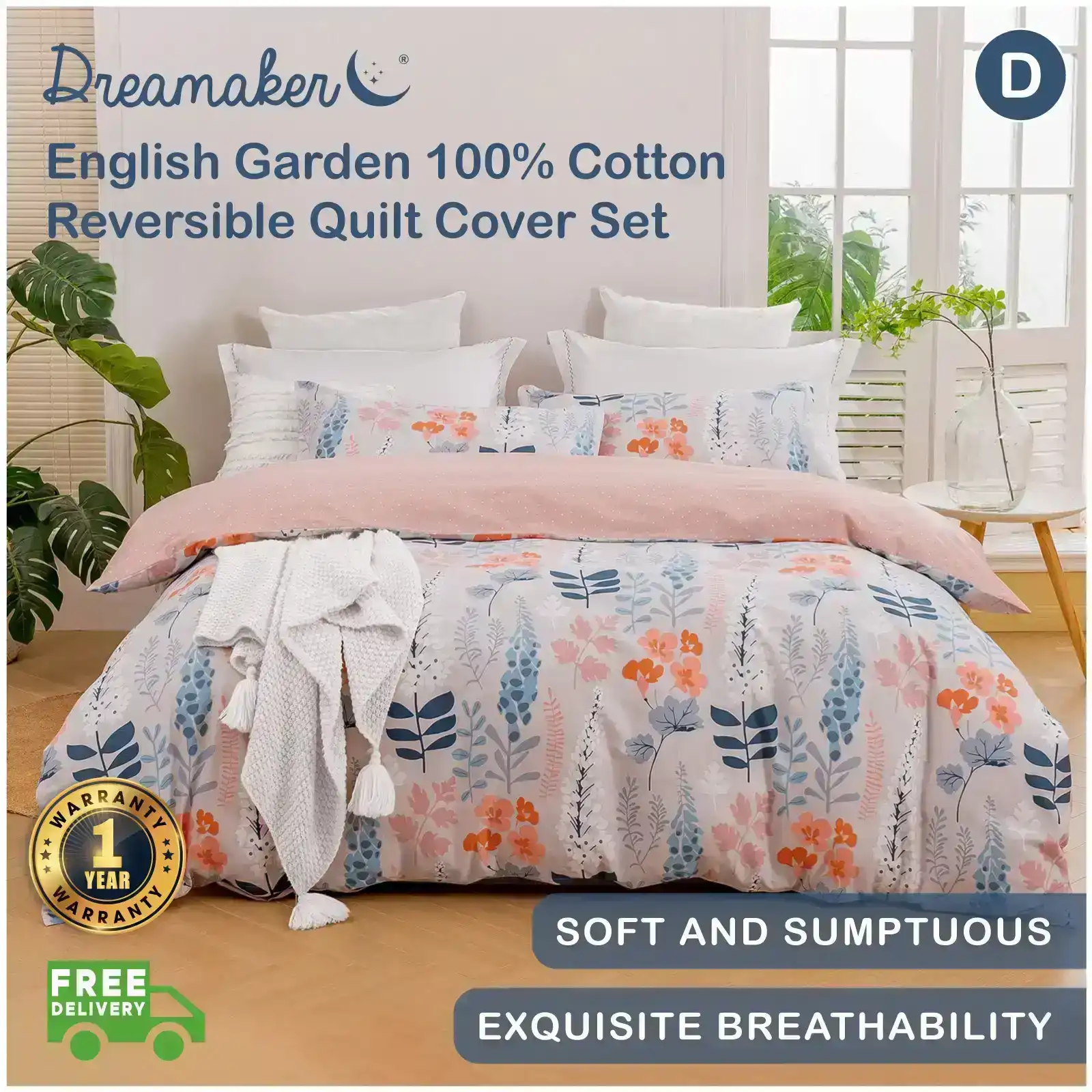 Dreamaker English Garden 100% Cotton Reversible Quilt Cover Set Pink Double Bed