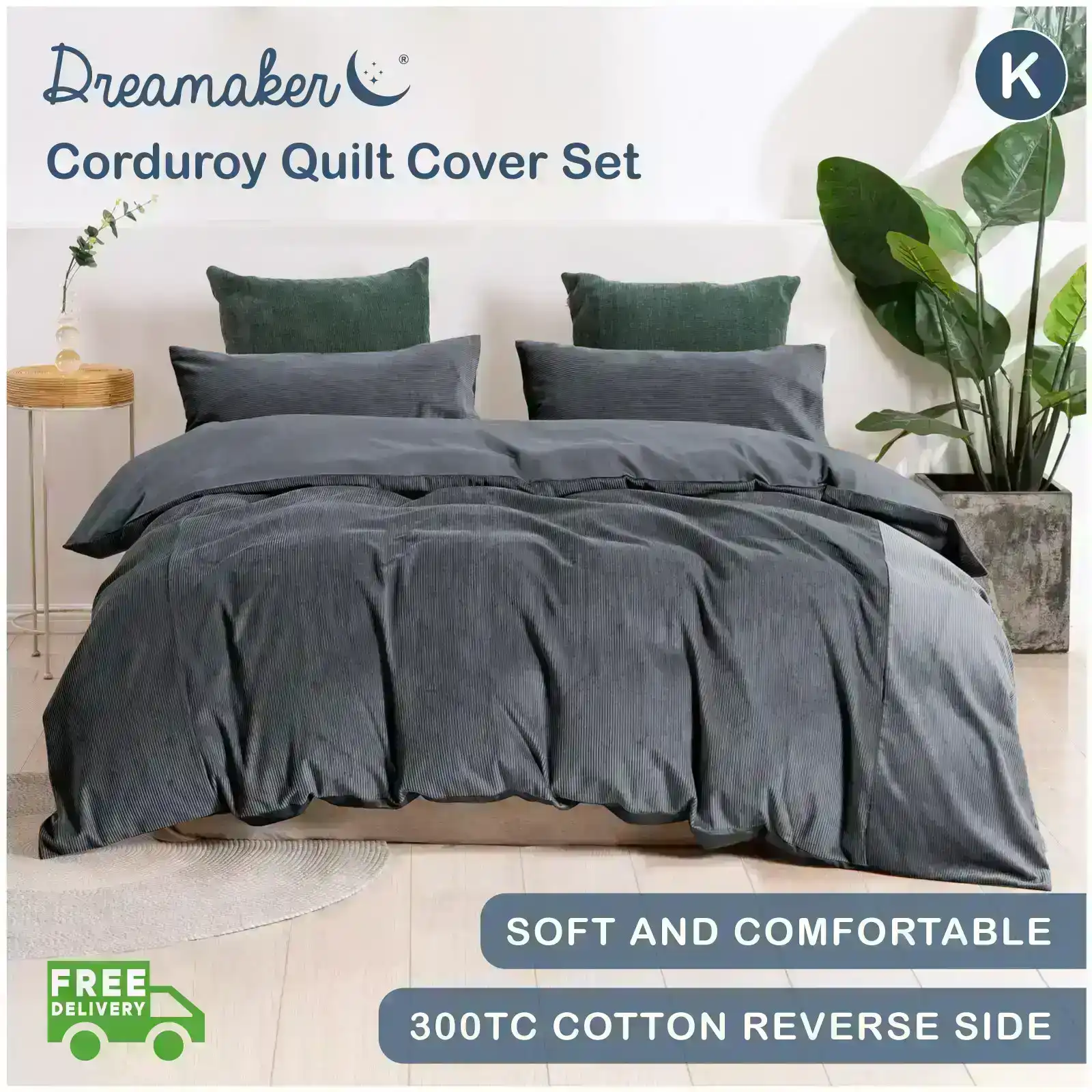 Dreamaker Corduroy Quilt Cover Set Charcoal King Bed