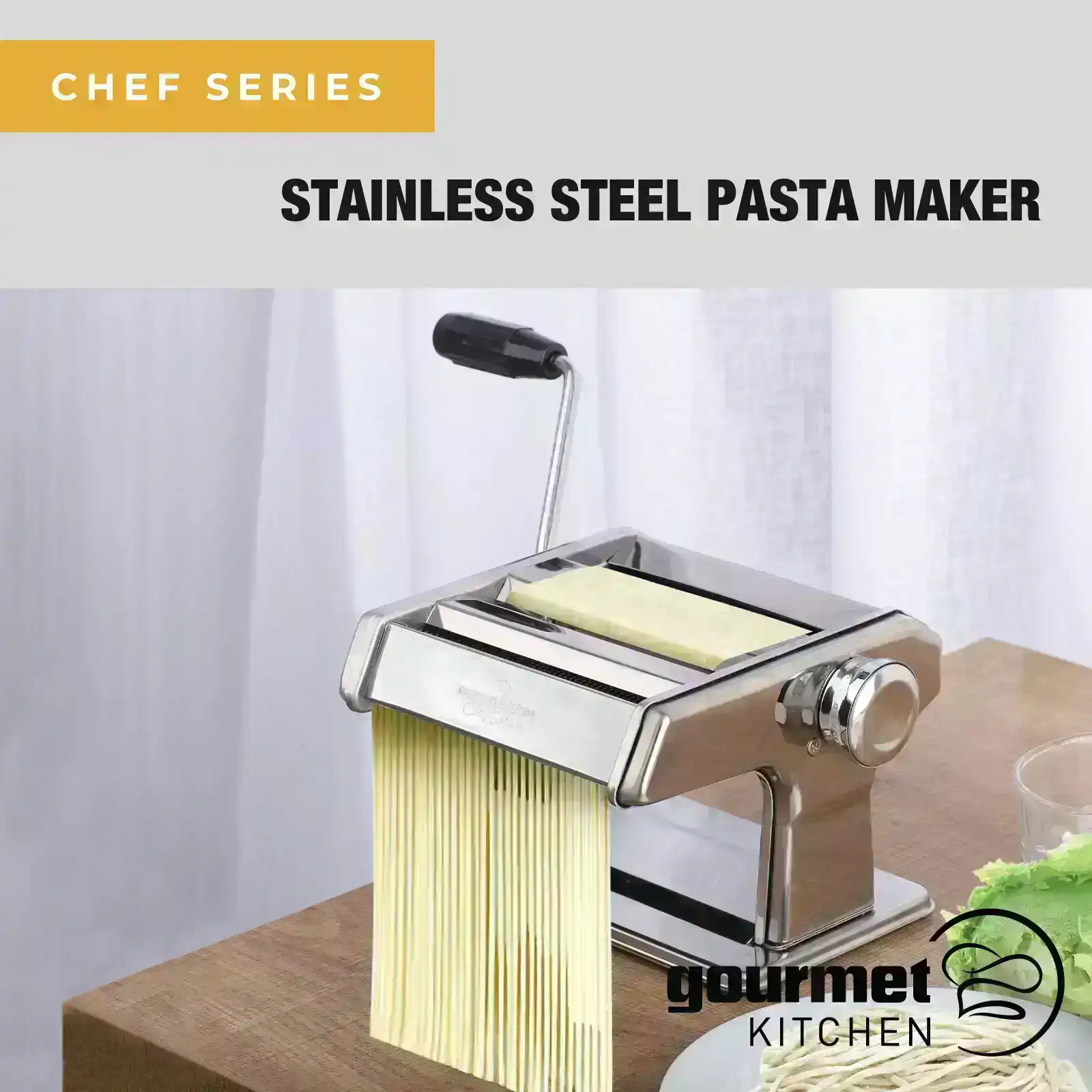 Gourmet Kitchen Chef Series Stainless Steel Pasta Maker - Italian Fettuccine and Spaghetti - Silver