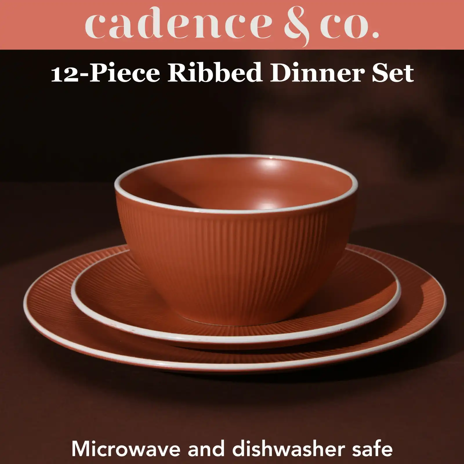 Cadence & Co. Maze 12-Piece Ribbed Dinner Set Matte Glaze Terracotta/White 4 person