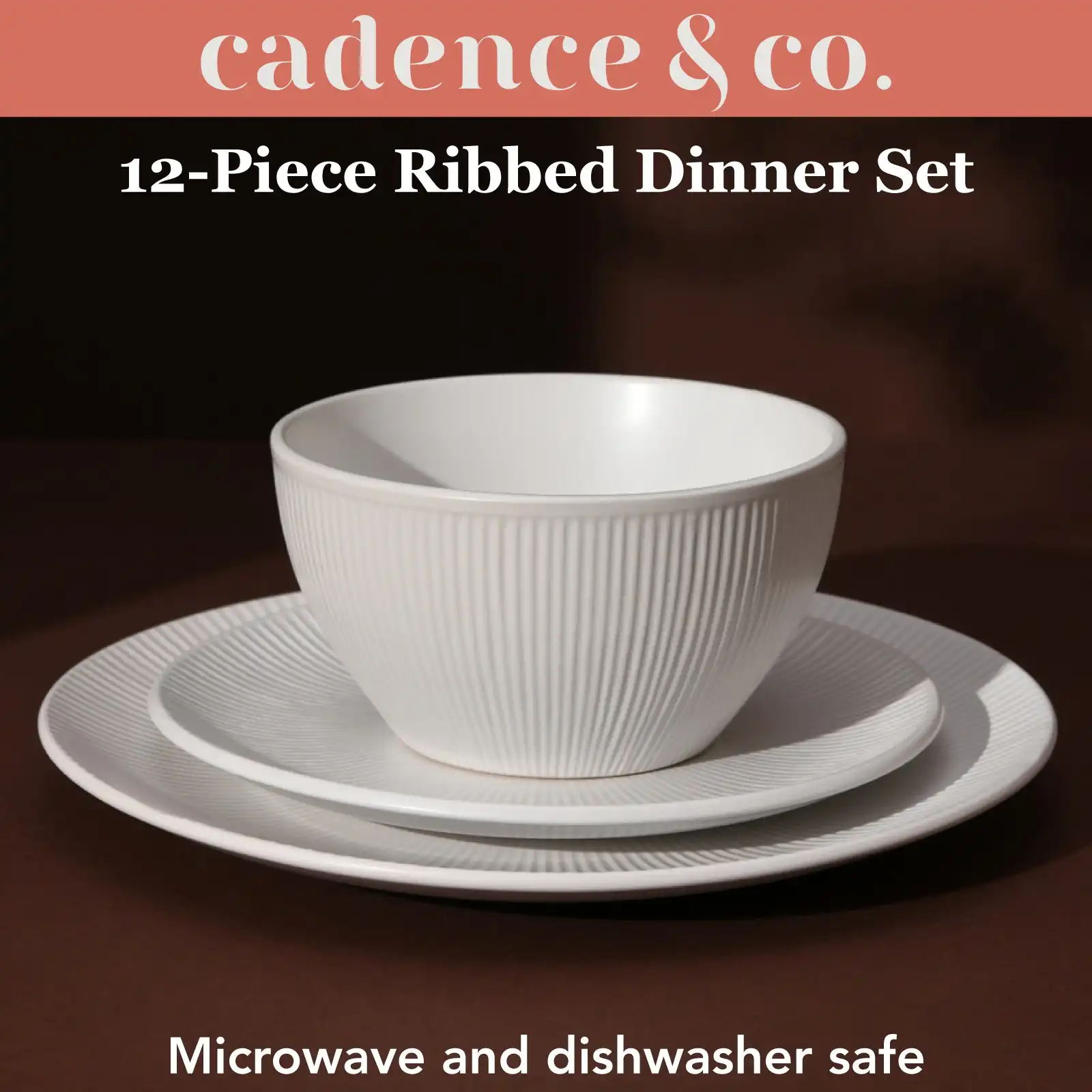 Cadence & Co. Maze 12-Piece Ribbed Dinner Set Matte Glaze White 4 person