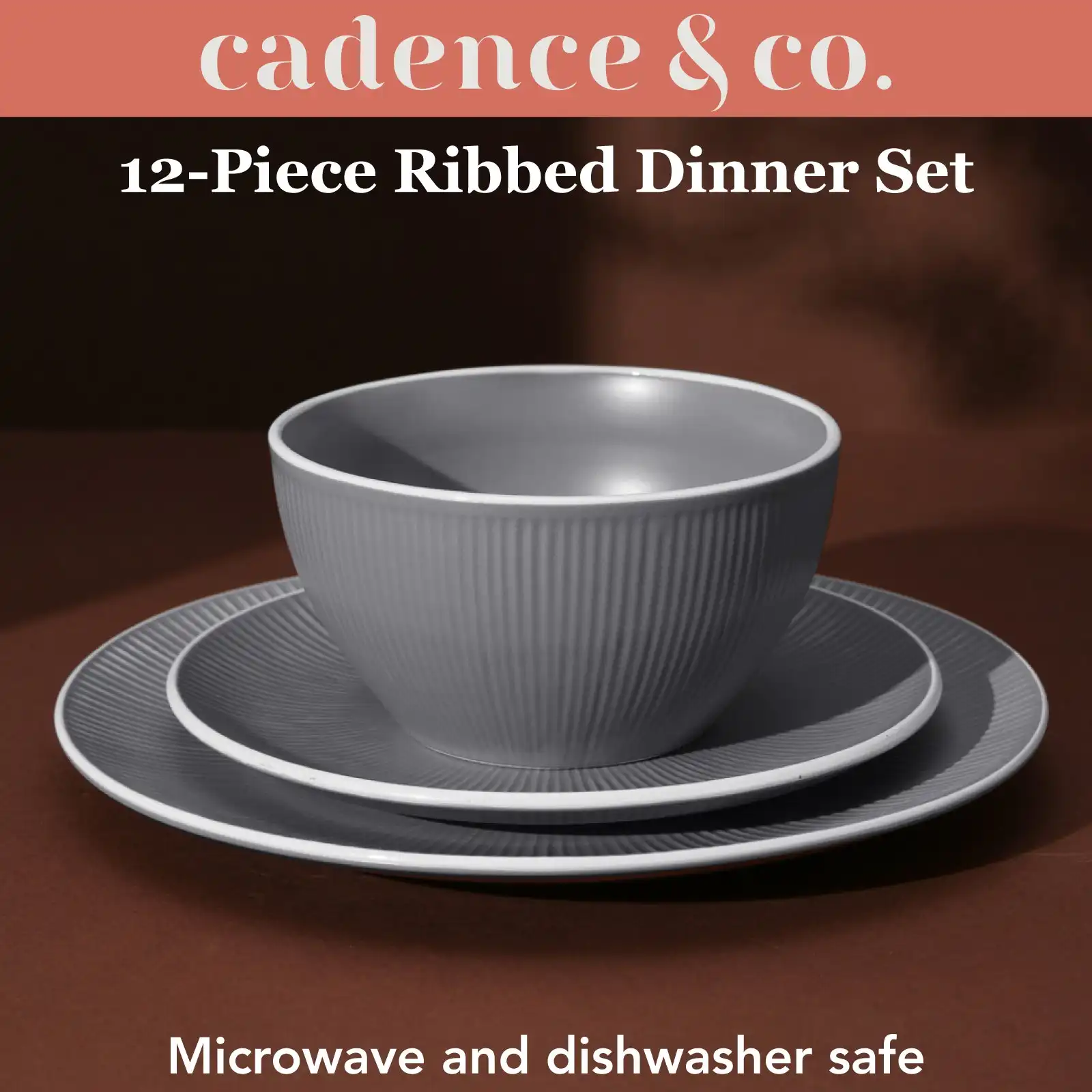 Cadence & Co. Maze 12-Piece Ribbed Dinner Set Matte Glaze Grey/White 4 person