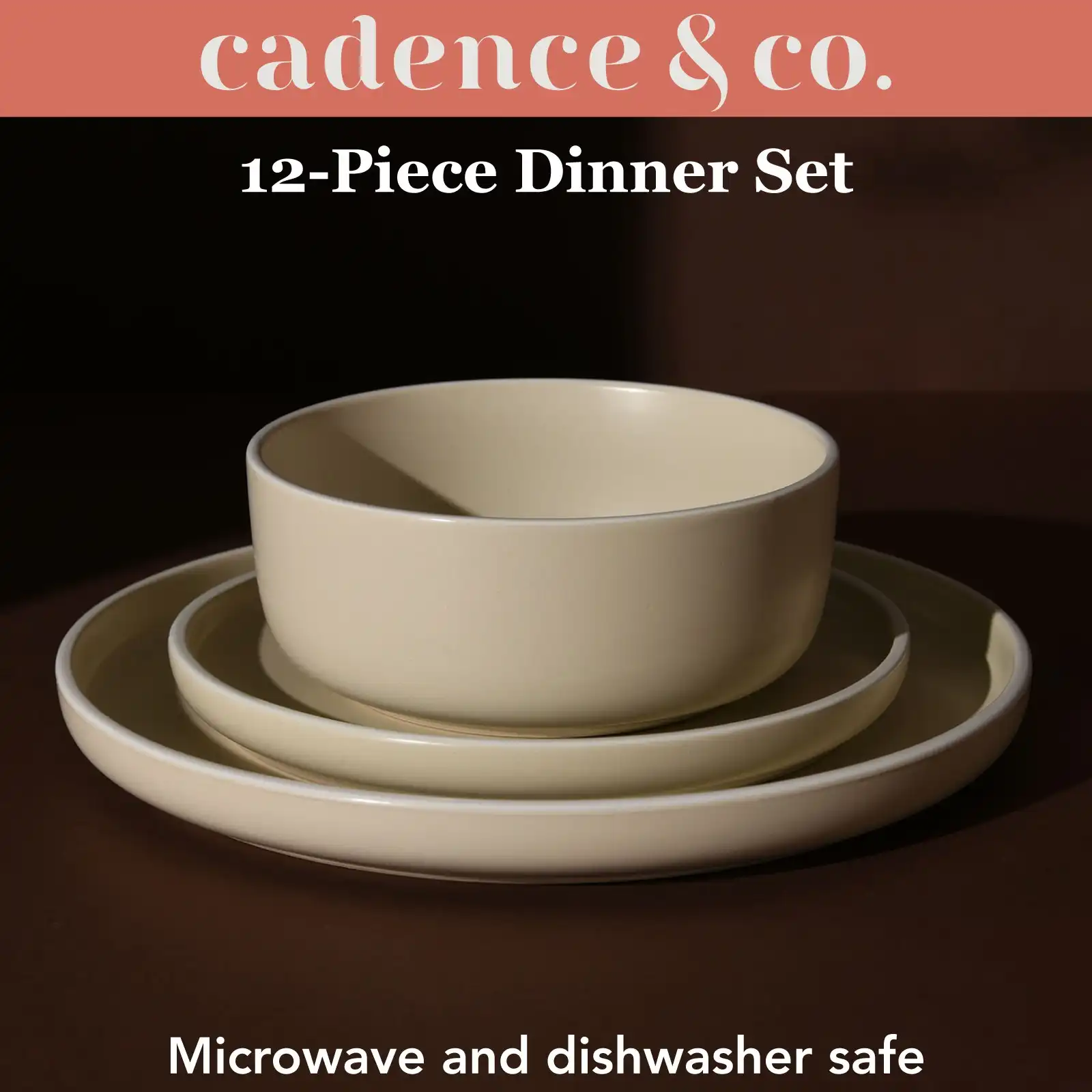 Cadence & Co. Muse 12-Piece Dinner Set Matte Glaze Sand/White 4 person