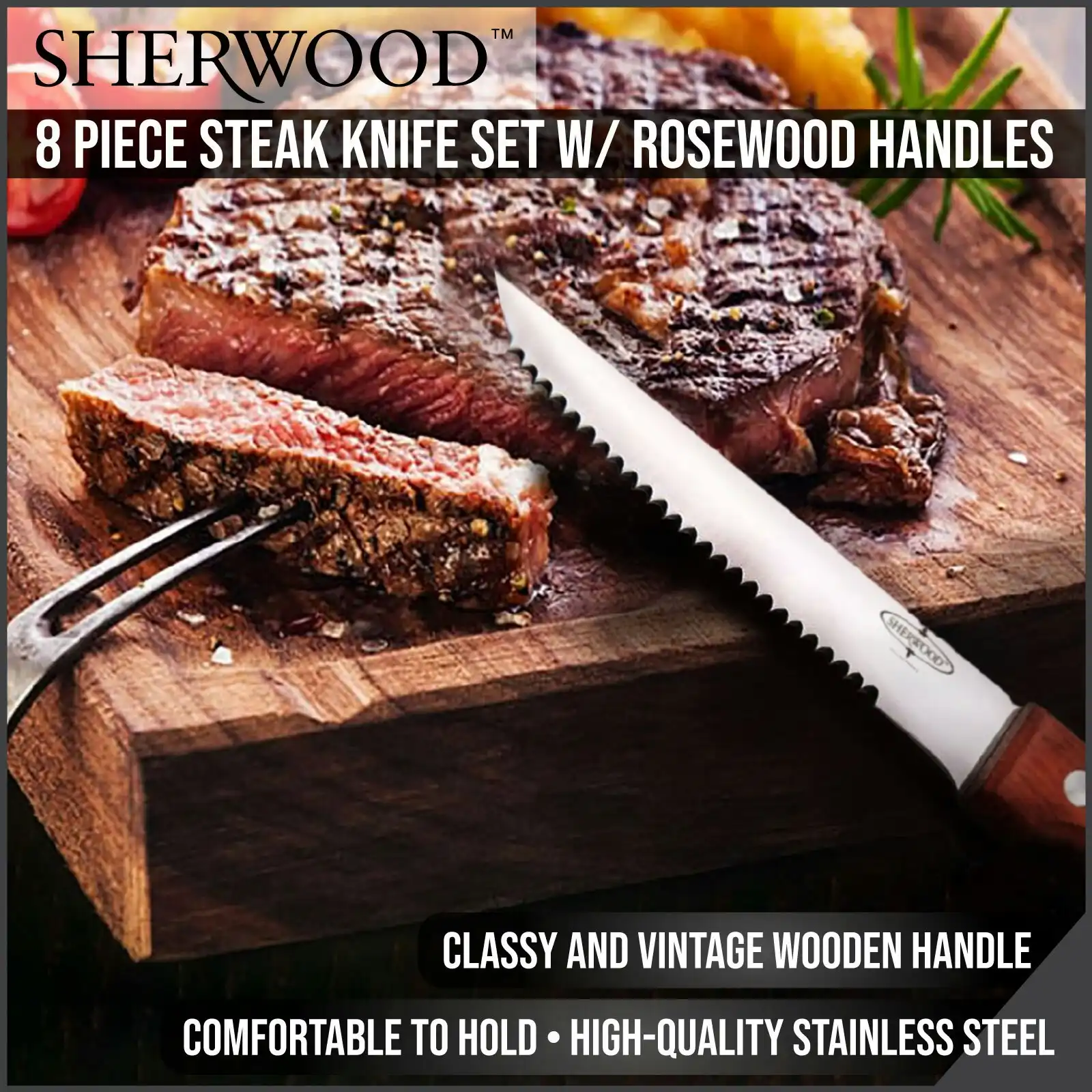 Sherwood Home 8 Piece Steak Knife Set with Rosewood Handles Natural Brown
