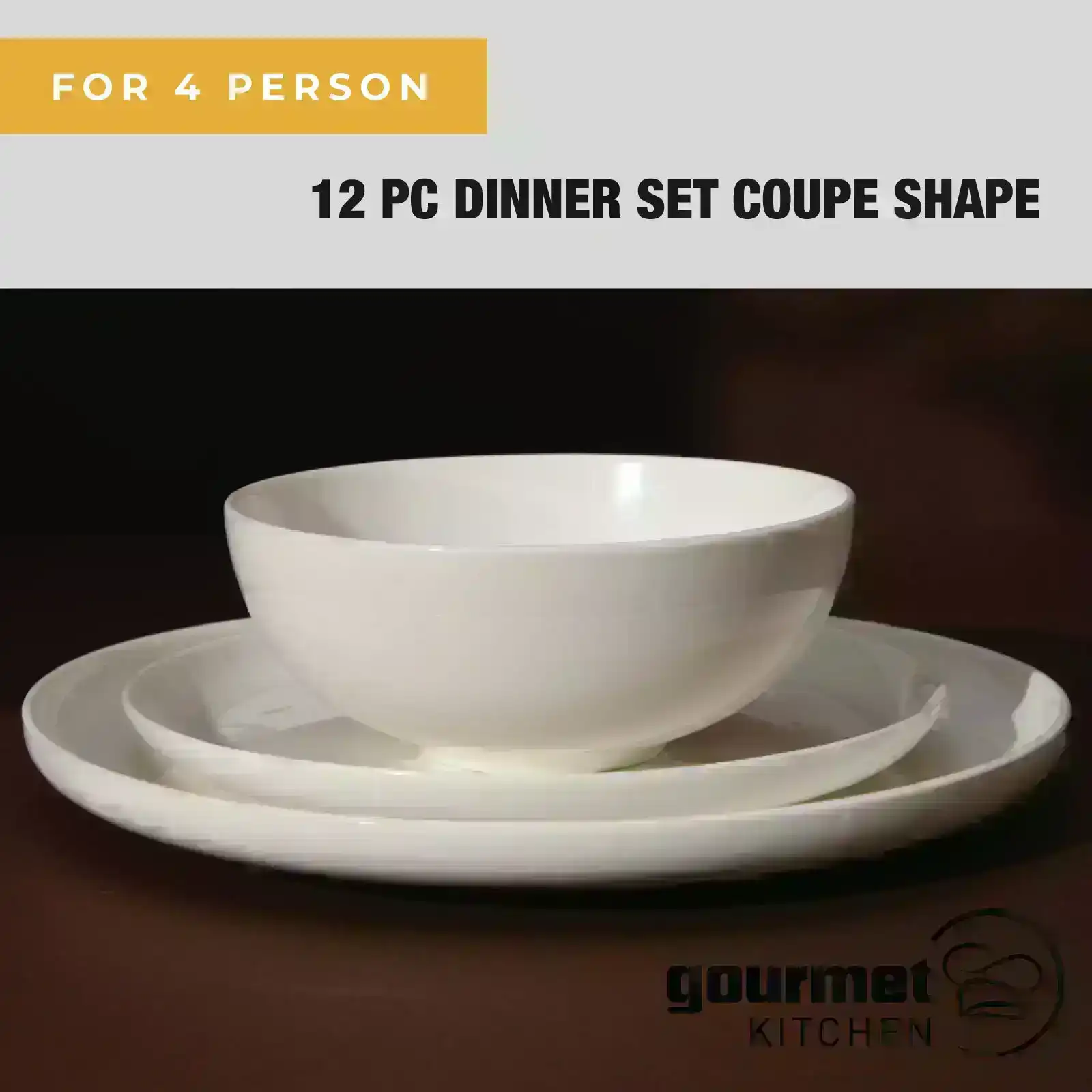 Gourmet Kitchen Essential 12 PC Dinner Set Coupe Shape Gloss Glaze White 4 Person