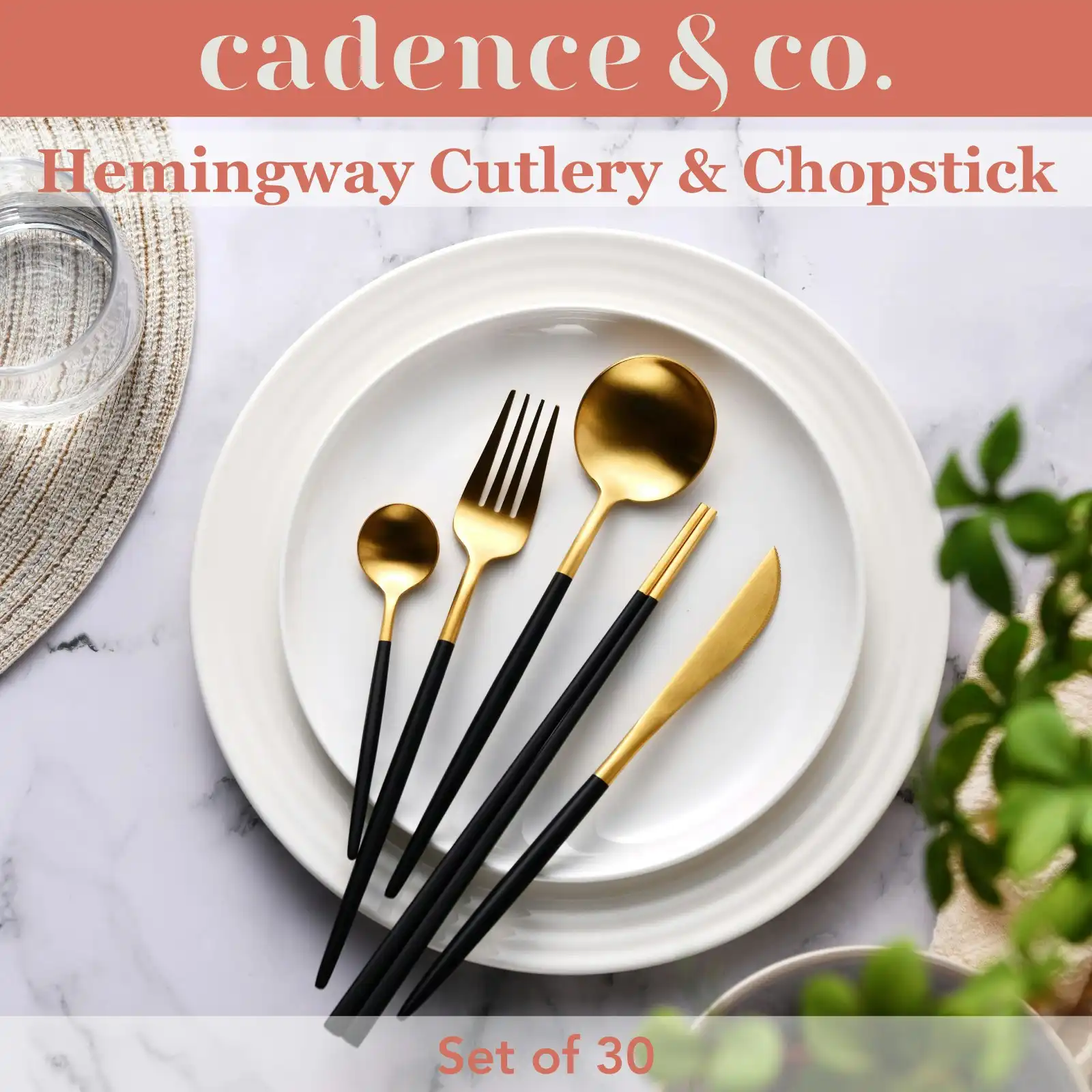 Cadence & Co. Hemingway Cutlery and Chopstick Set 30 Piece Matte Black/Gold