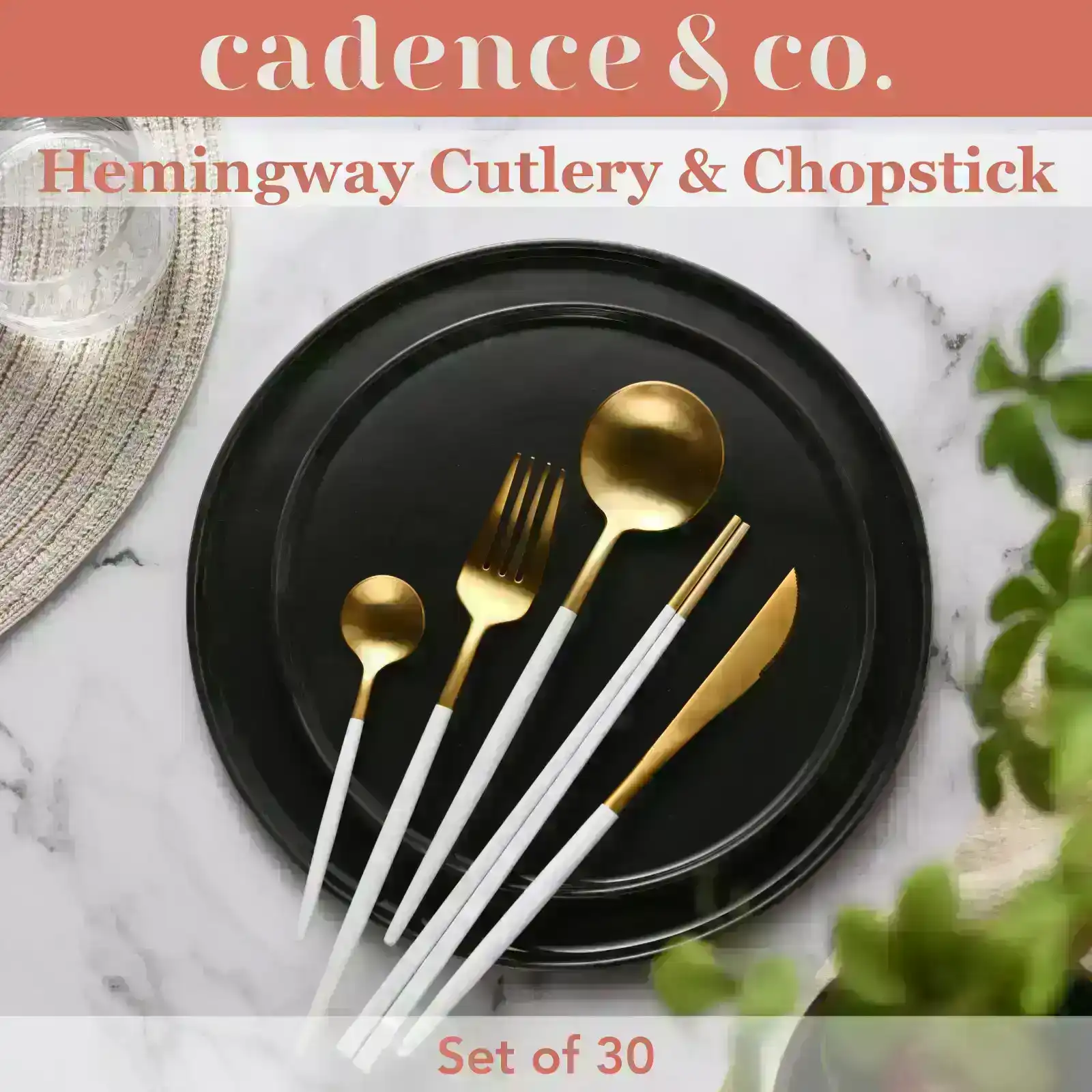 Cadence & Co Hemingway Cutlery and Chopstick Set 30 Piece Matte White/Gold
