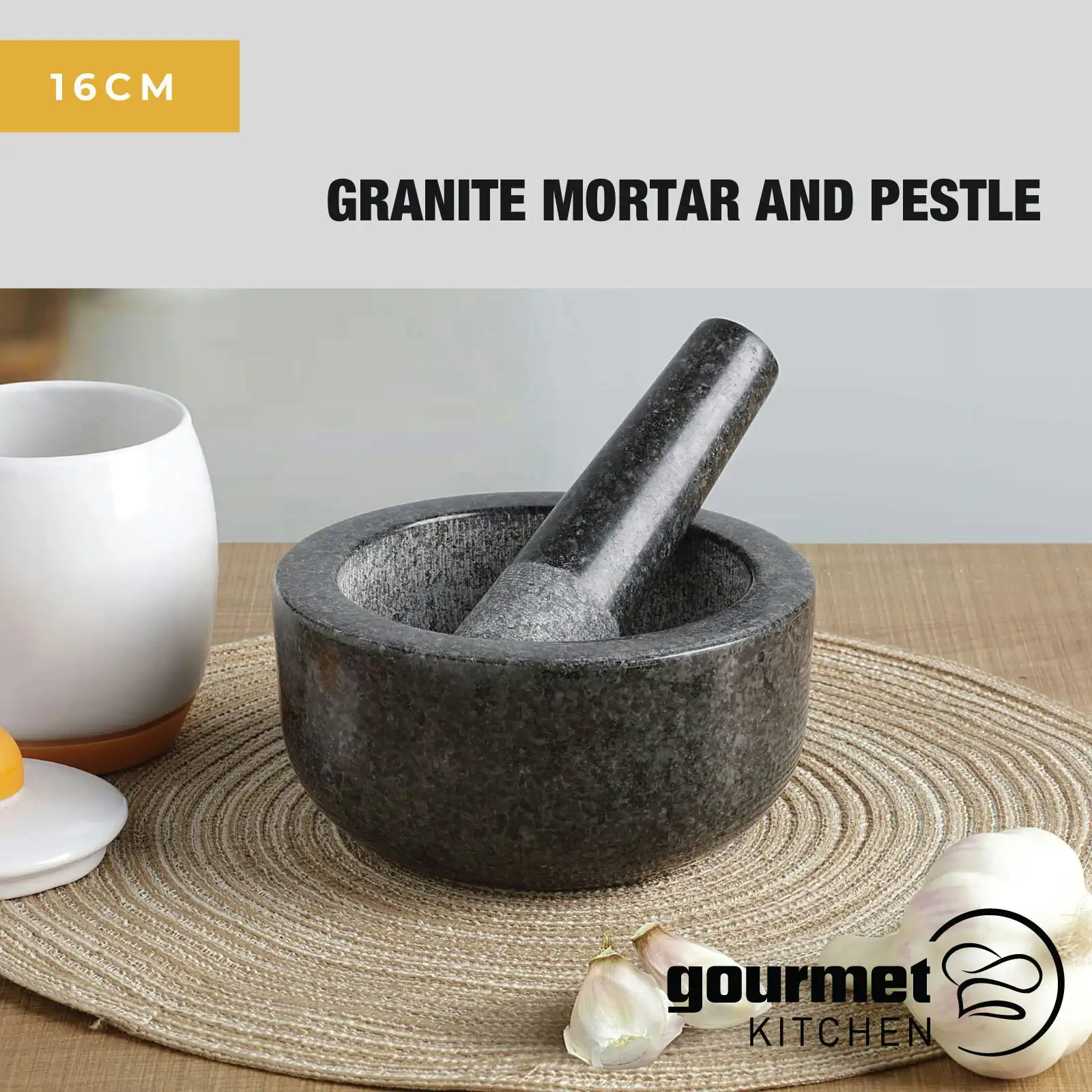 Gourmet Kitchen Granite Mortar And Pestle Dark Granite 16cm
