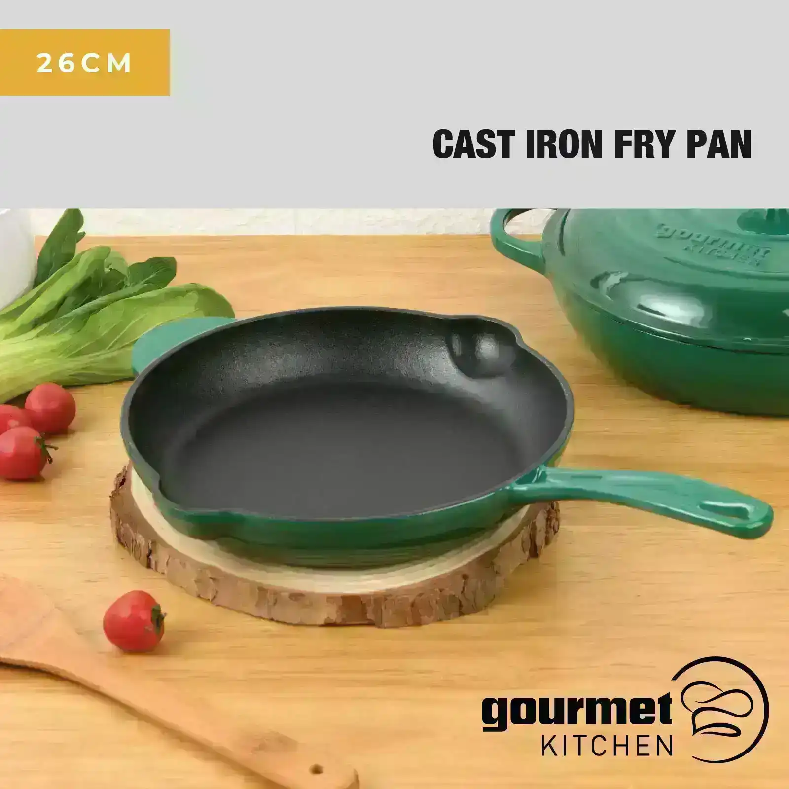 Gourmet Kitchen Cast Iron Fry Pan 26cm Eden Green
