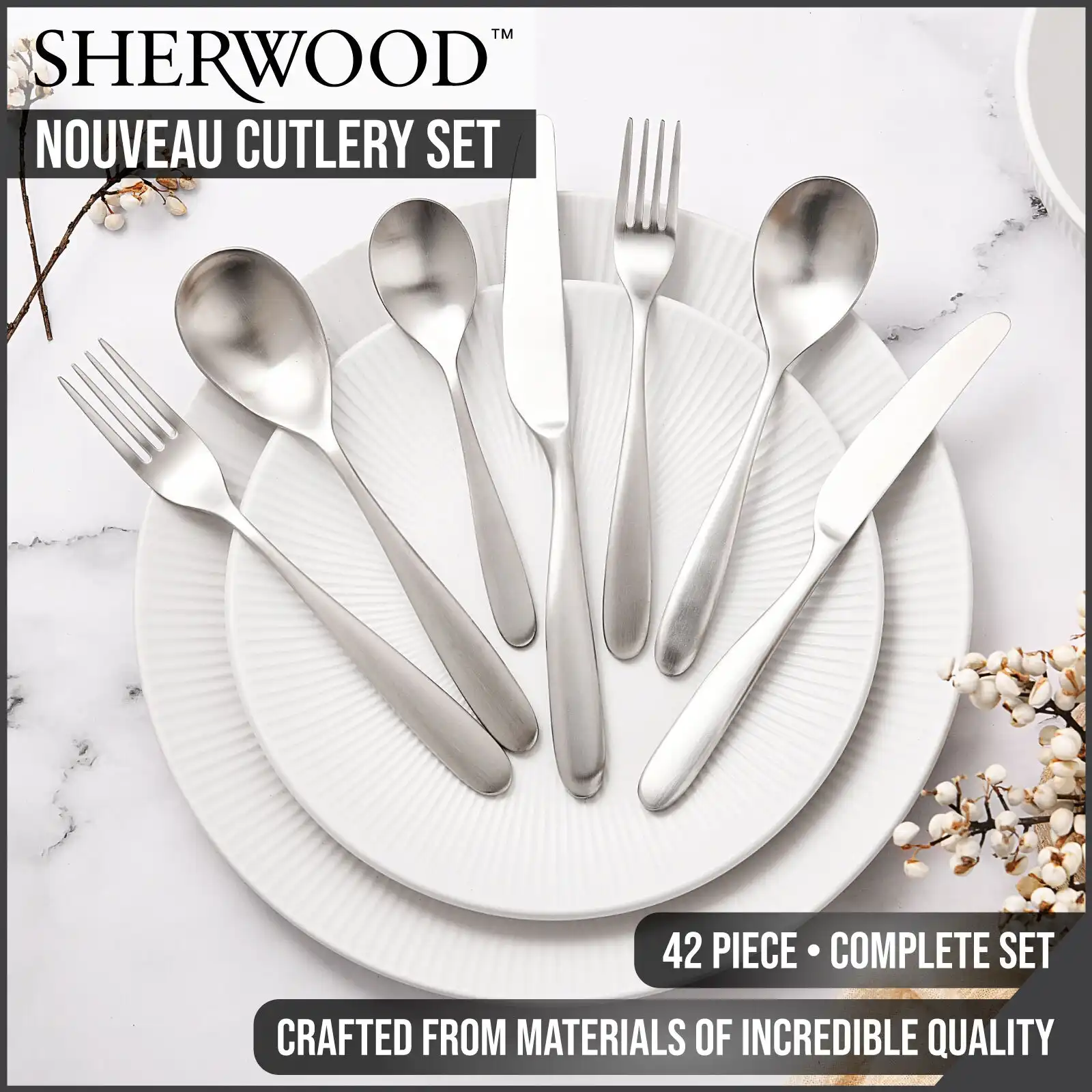 Sherwood Nouveau 42 Piece Cutlery Set Matte Silver