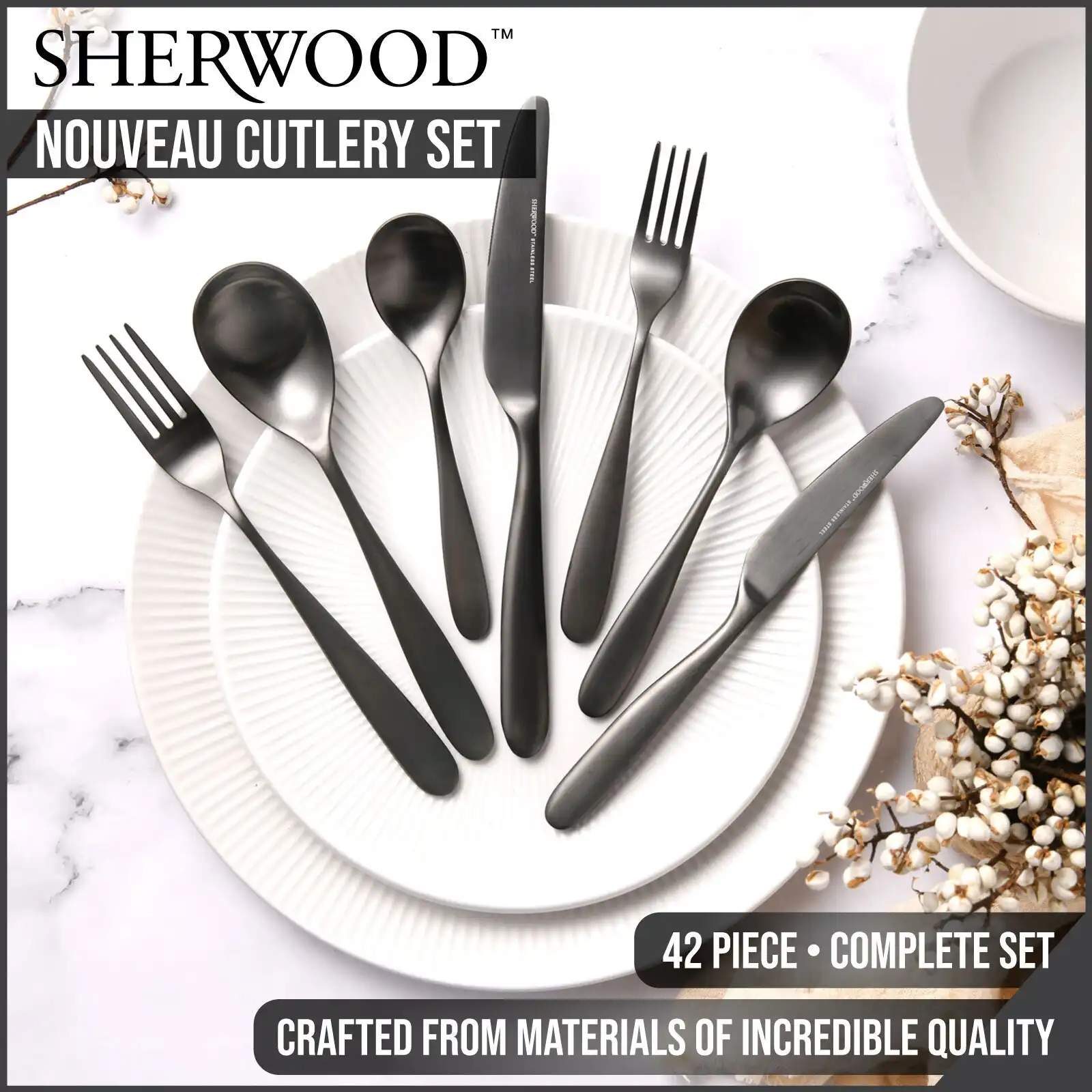 Sherwood Nouveau 42 Piece Cutlery Set Matte Black