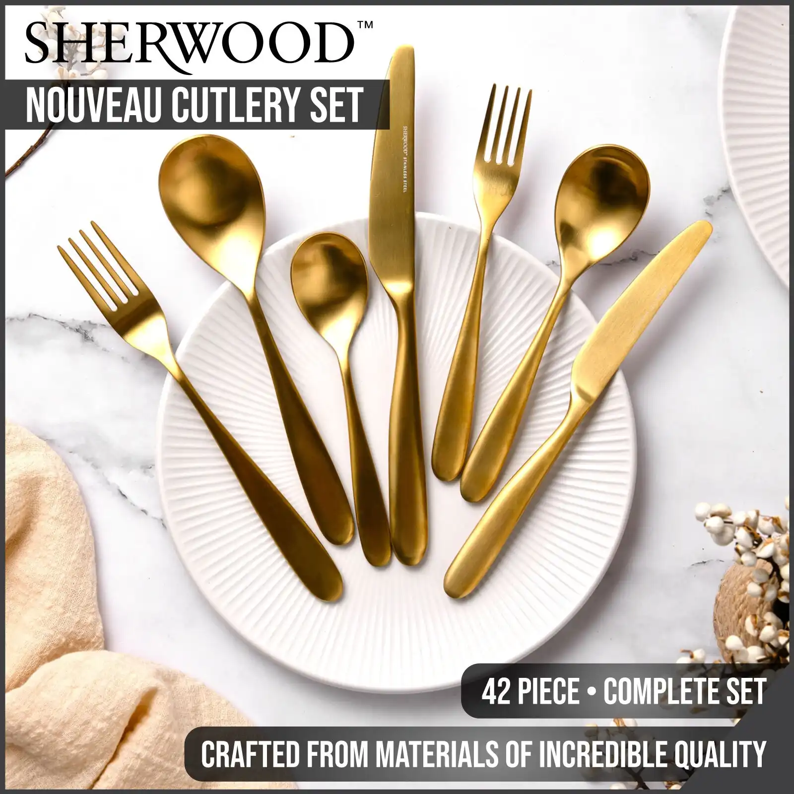 Sherwood Nouveau 42 Piece Cutlery Set Matte Gold