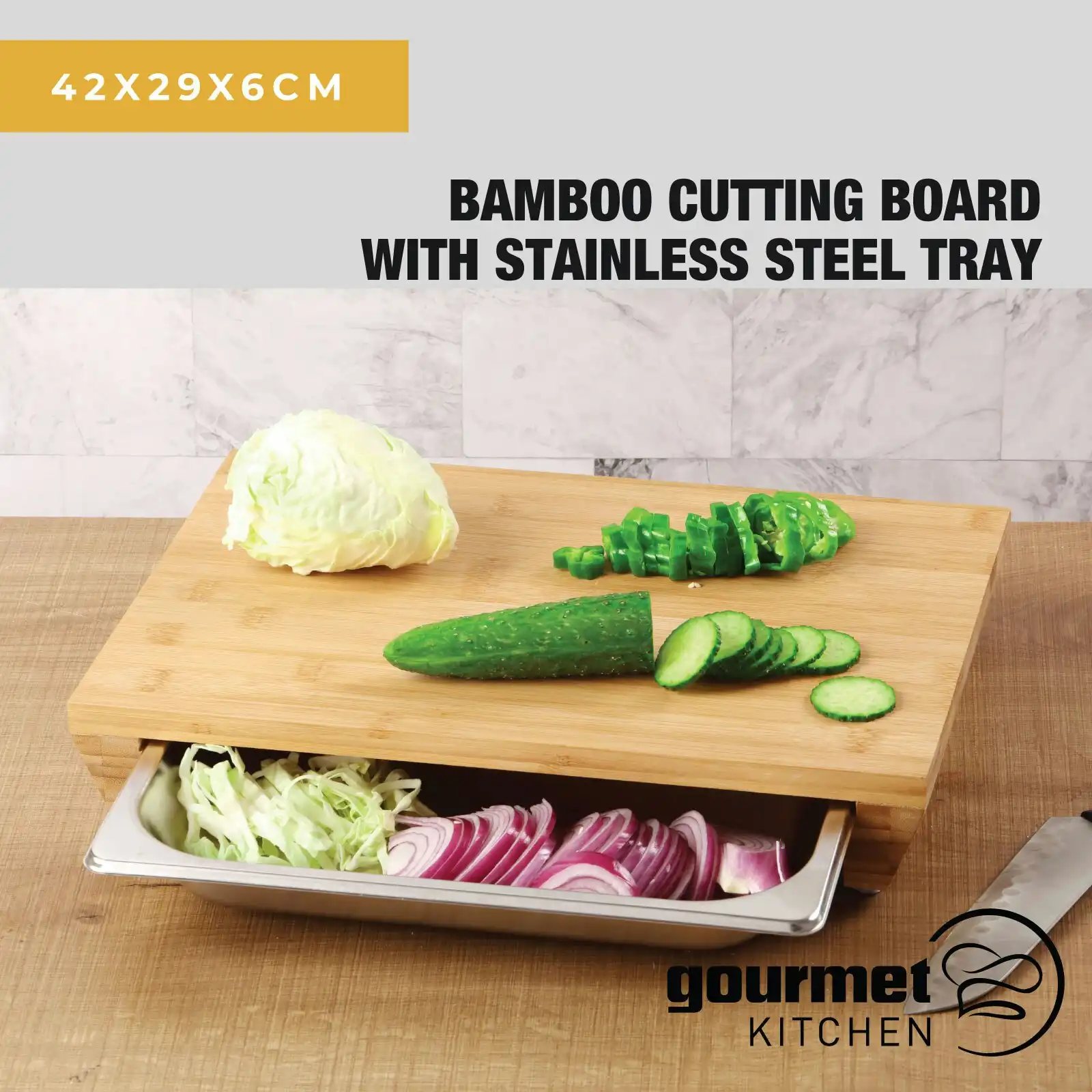 Gourmet Kitchen Bamboo Cutting Board With Stainless Steel Tray 39x27x6.5cm