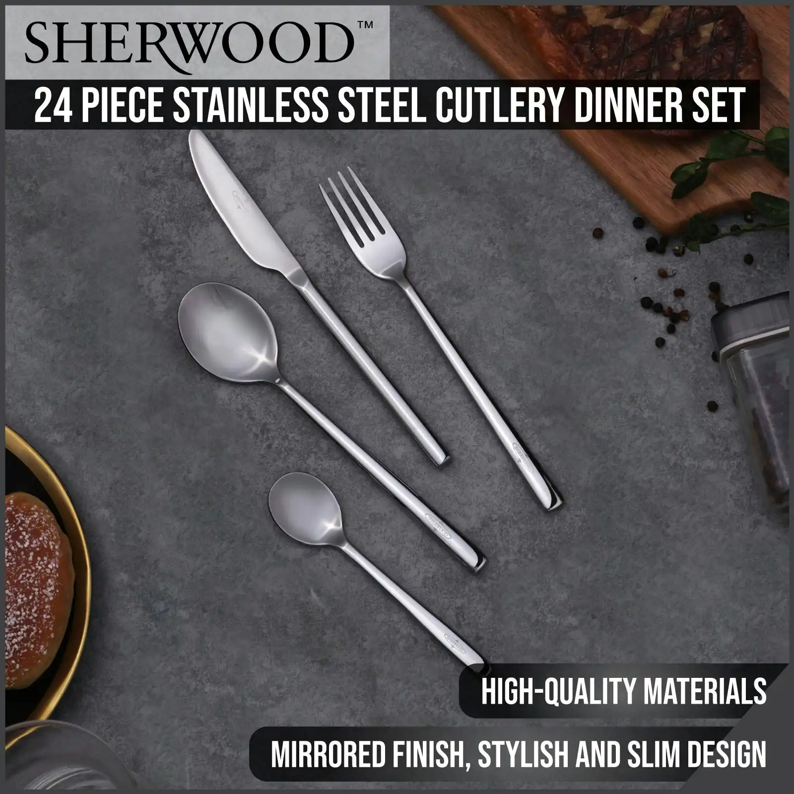 Sherwood Home 24 Piece Stainless Steel Cutlery Dinner Set Knife/Fork/Spoon